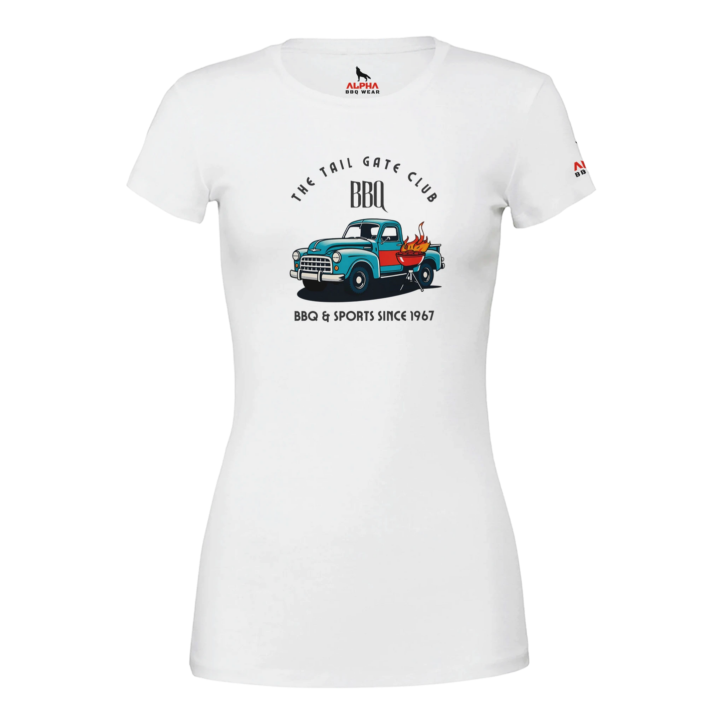 The Tailgate Club BBQ Premium Womens Crewneck T-shirt White Alpha BBQ wear BBQ -apparel- BBQ tshirt -BBQ tee