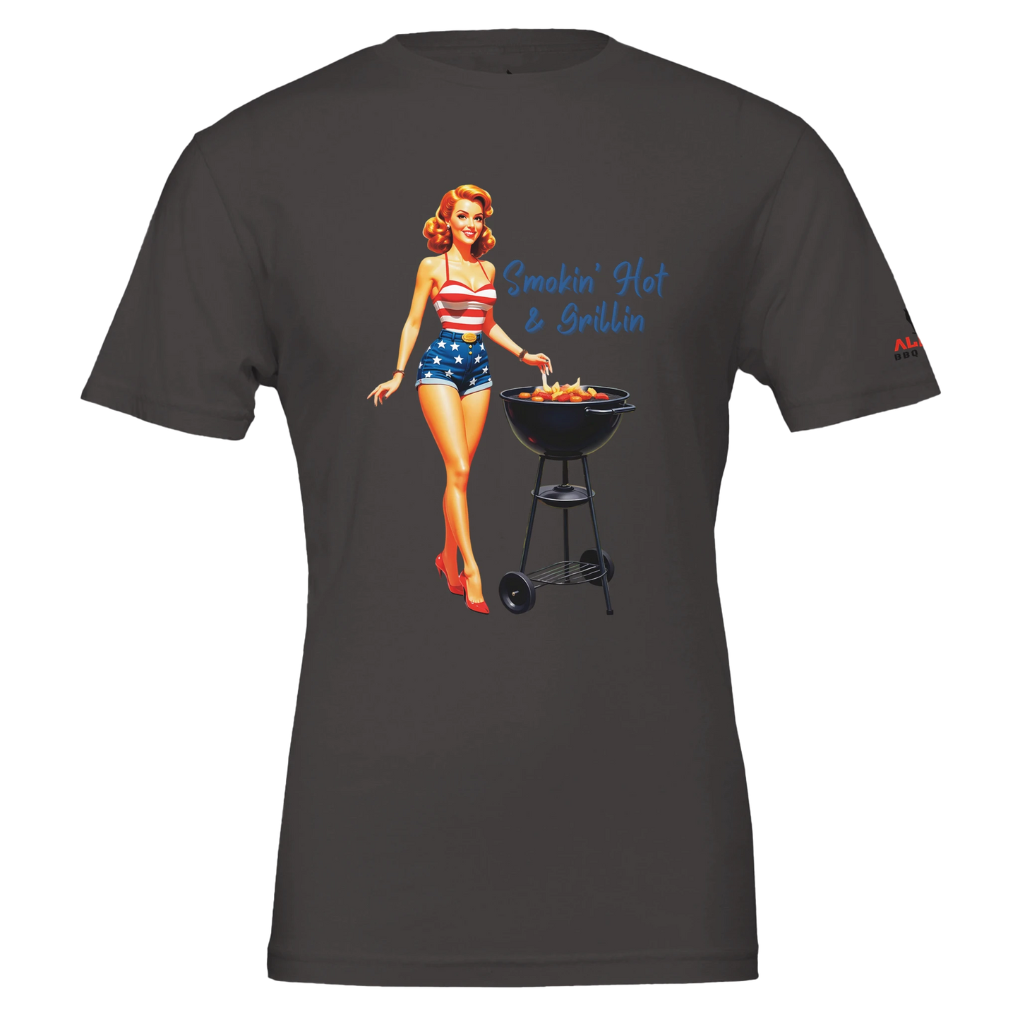 Pinup girl ‘Smokin’ Hot & Grillin’ T-shirt! Premium Unisex Crewneck T-shirt | Vintage Black Alpha BBQ wear BBQ -apparel- BBQ tshirt -BBQ tee