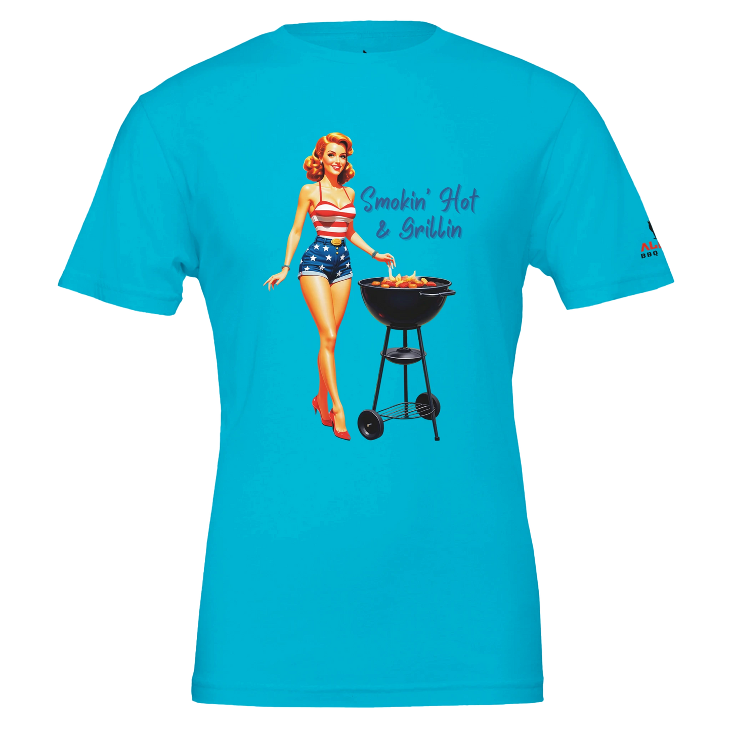 Pinup girl ‘Smokin’ Hot & Grillin’ T-shirt! Premium Unisex Crewneck T-shirt | Turquoise Alpha BBQ wear BBQ -apparel- BBQ tshirt -BBQ tee