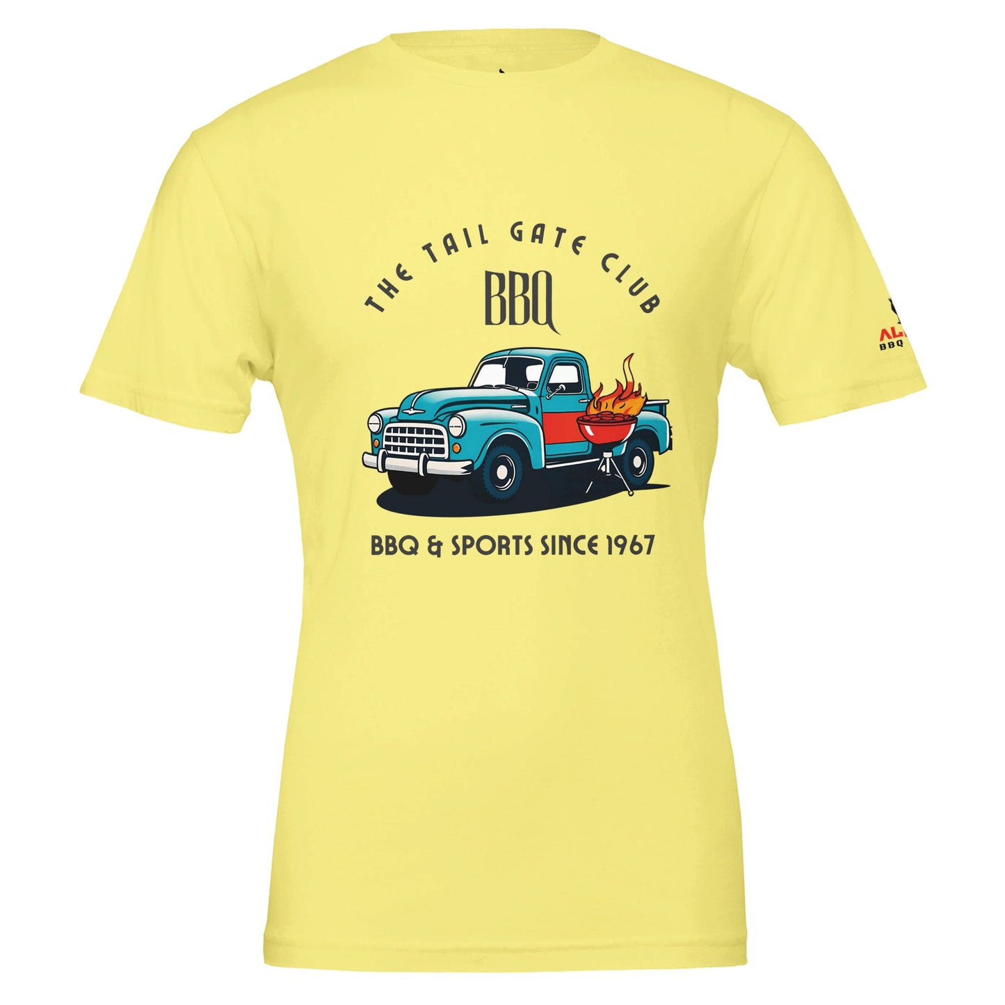 The Tailgate Club BBQ Premium Unisex Crewneck T-shirt Yellow Alpha BBQ wear BBQ -apparel- BBQ tshirt -BBQ tee