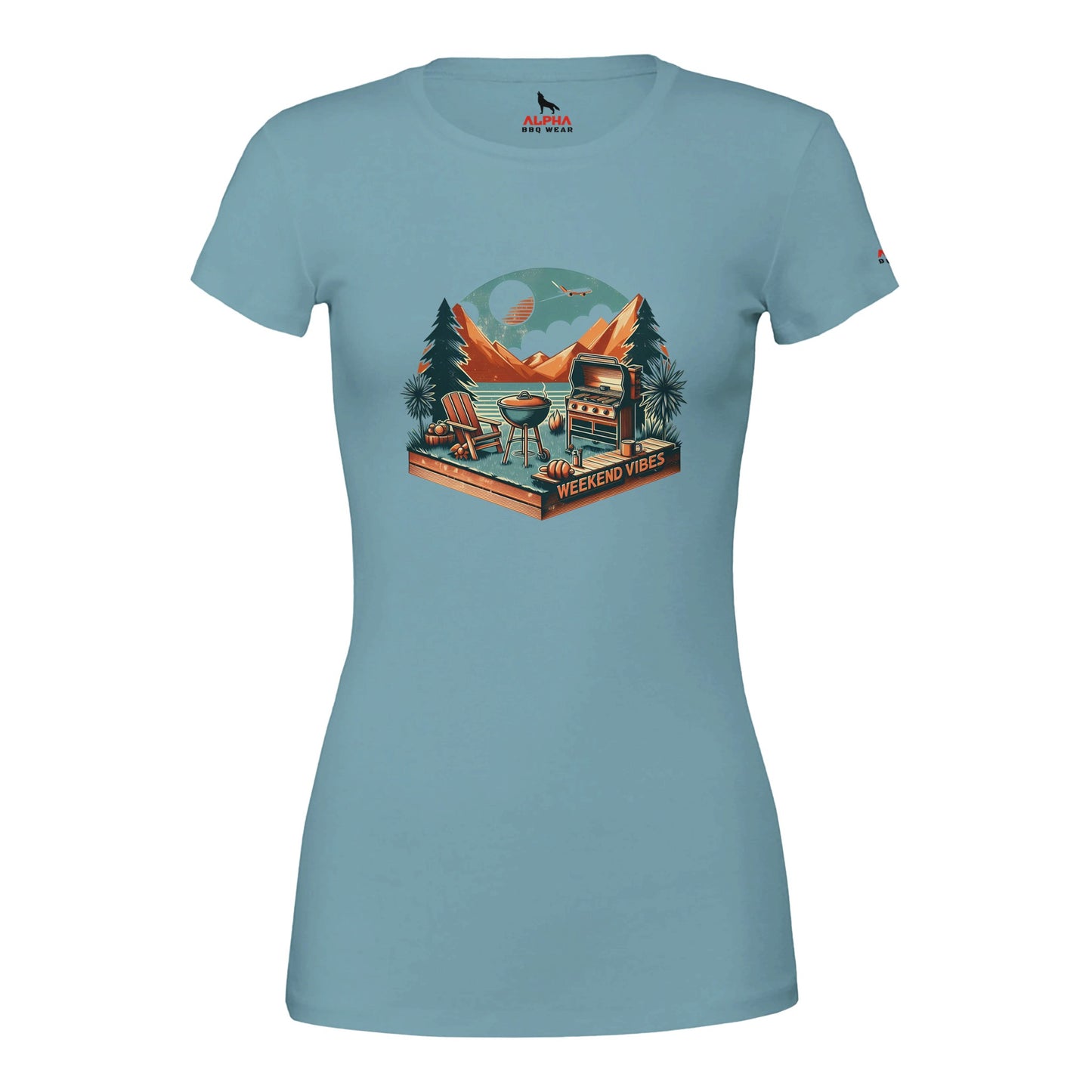 Weekend Vibes Premium Womens Crewneck T-shirt Baby Blue Alpha BBQ wear BBQ -apparel- BBQ tshirt -BBQ tee