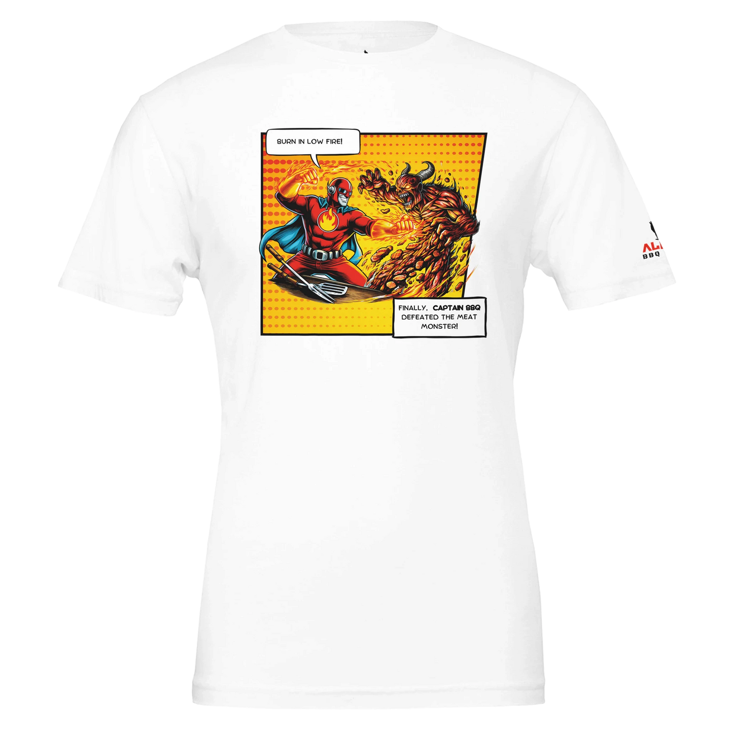 Captain BBQ vs. The Meat Monster – BBQ T-Shirt Premium Unisex Crewneck T-shirt White Alpha BBQ wear BBQ -apparel- BBQ tshirt -BBQ tee