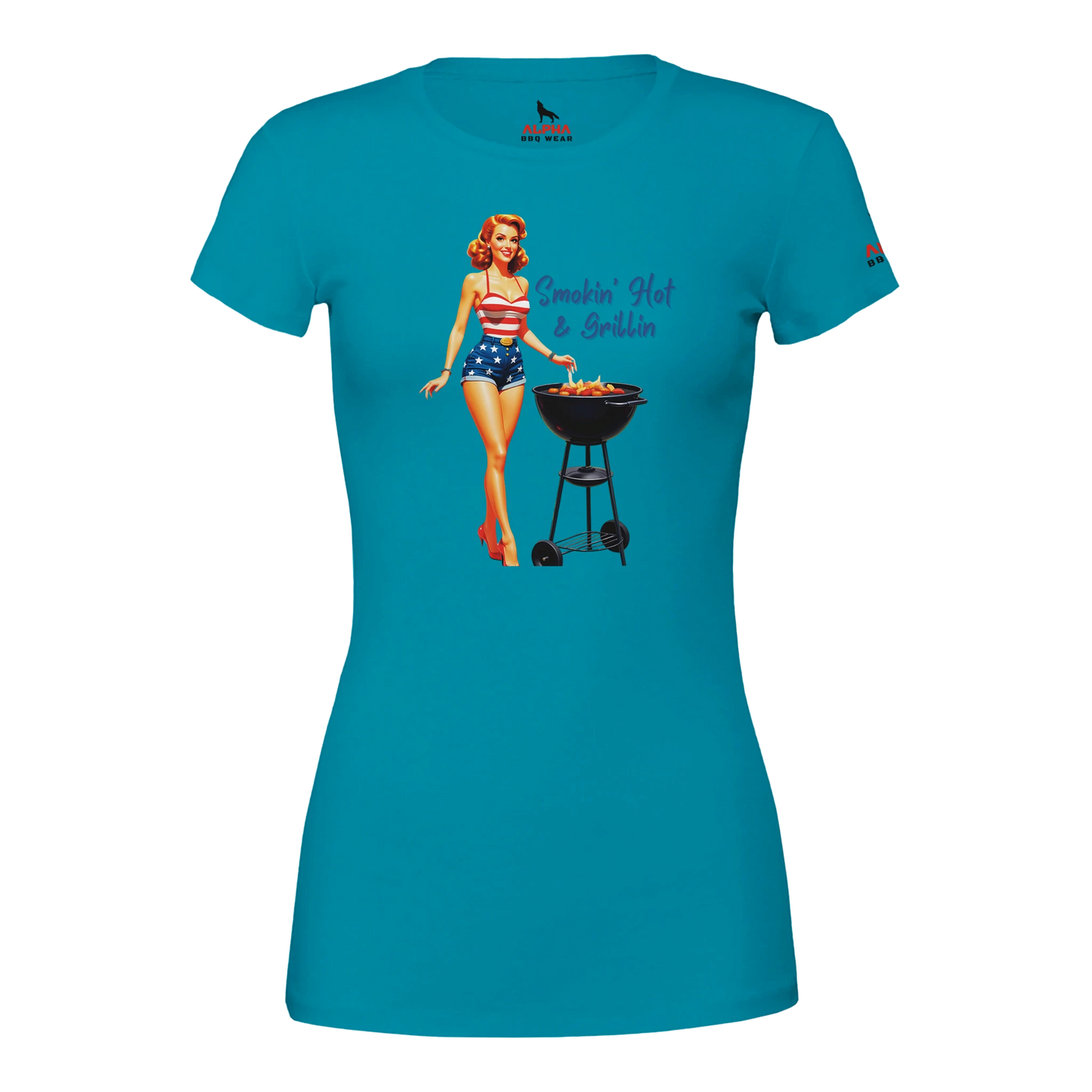 Pinup gril ‘Smokin’ Hot & GrillinPremium Womens Crewneck T-shirt Teal Alpha BBQ wear BBQ -apparel- BBQ tshirt -BBQ tee