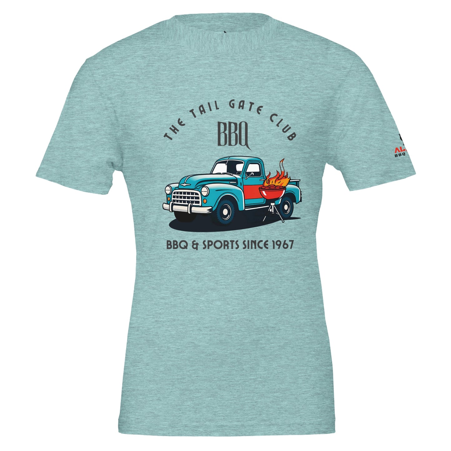 The Tailgate Club BBQ Premium Unisex Crewneck T-shirt Heather Ice Blue Alpha BBQ wear BBQ -apparel- BBQ tshirt -BBQ tee