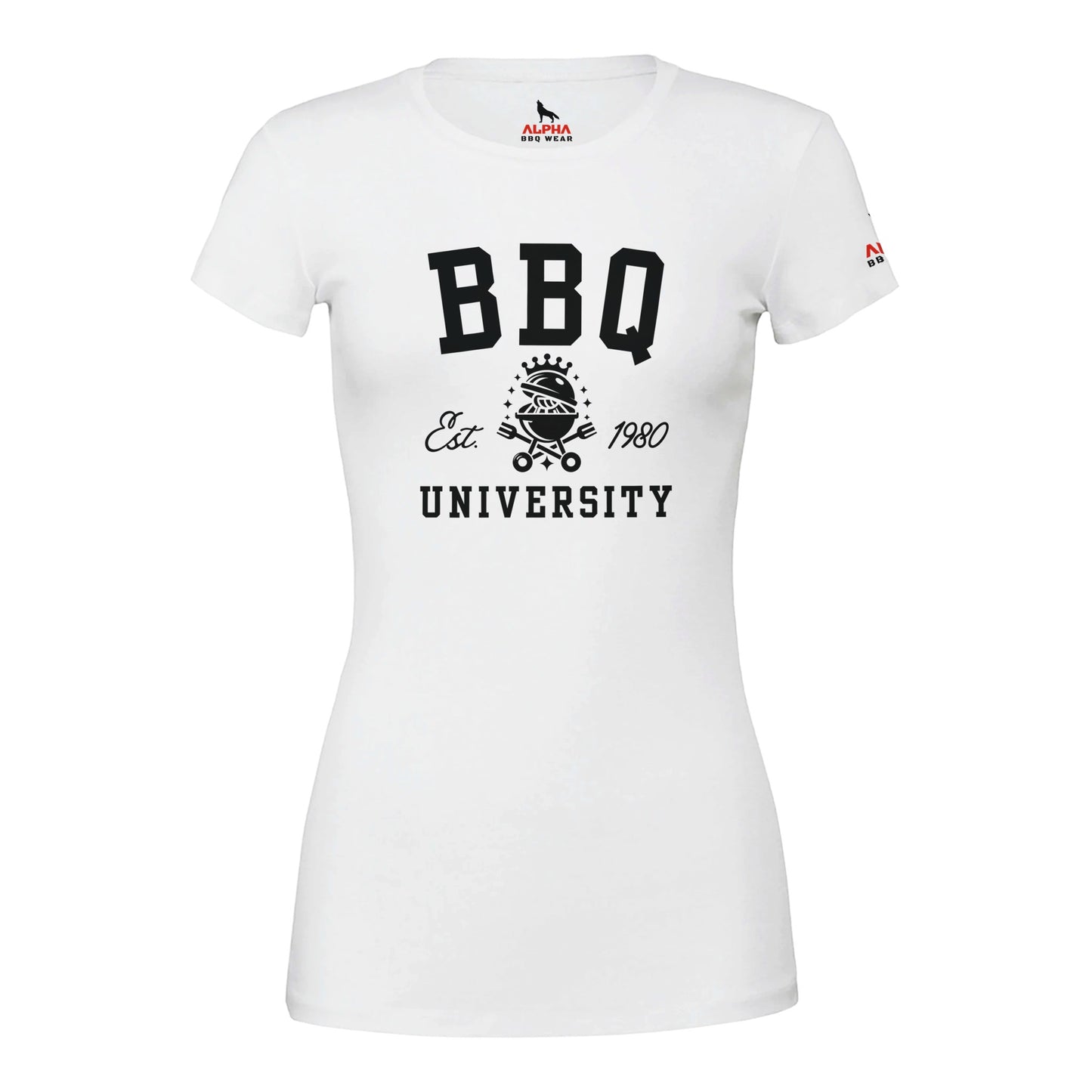 BBQ University T-Shirt Premium Womens Crewneck T-shirt White Alpha BBQ wear BBQ -apparel- BBQ tshirt -BBQ tee