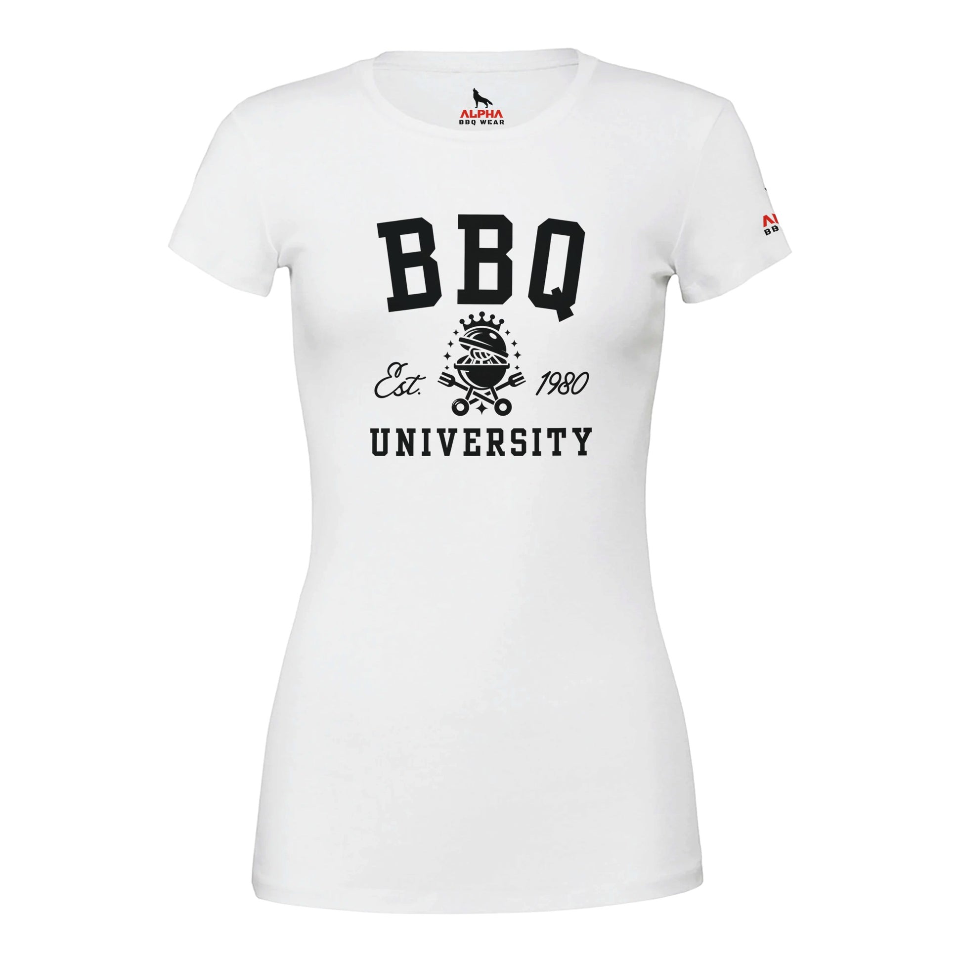 BBQ University T-Shirt Premium Womens Crewneck T-shirt White Alpha BBQ wear BBQ -apparel- BBQ tshirt -BBQ tee