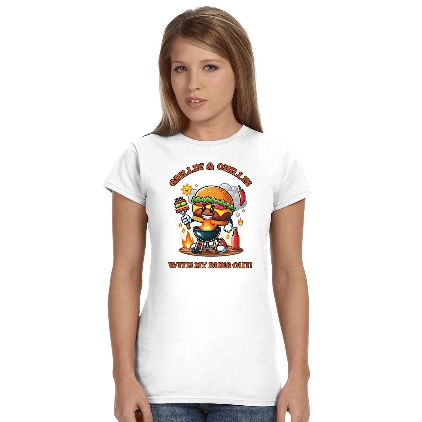 Grillin’ and Chillin’ with My Buns Out! Classic Womens Crewneck T-shirt Alpha BBQ wear BBQ -apparel- BBQ tshirt -BBQ tee