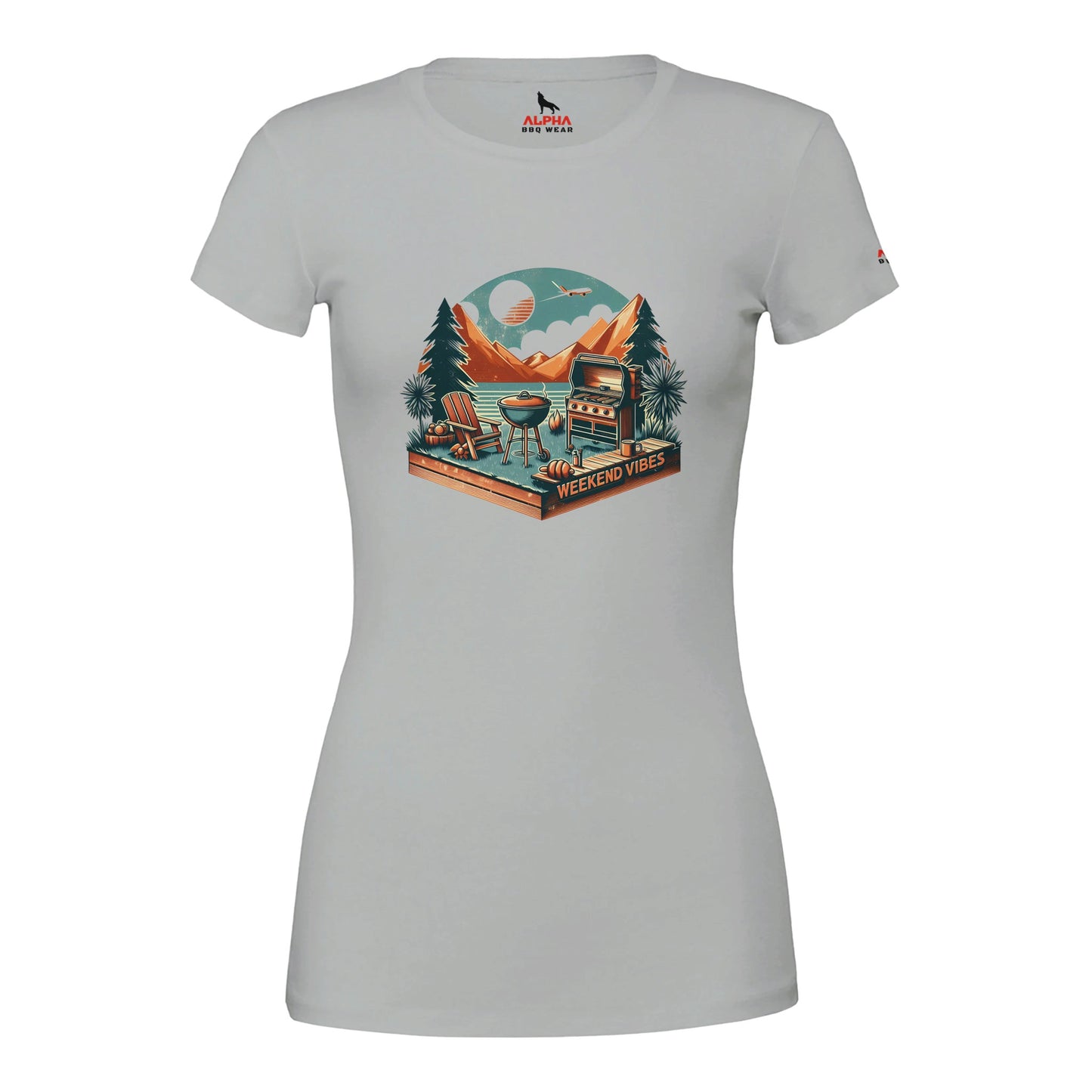 Weekend Vibes Premium Womens Crewneck T-shirt Silver Alpha BBQ wear BBQ -apparel- BBQ tshirt -BBQ tee