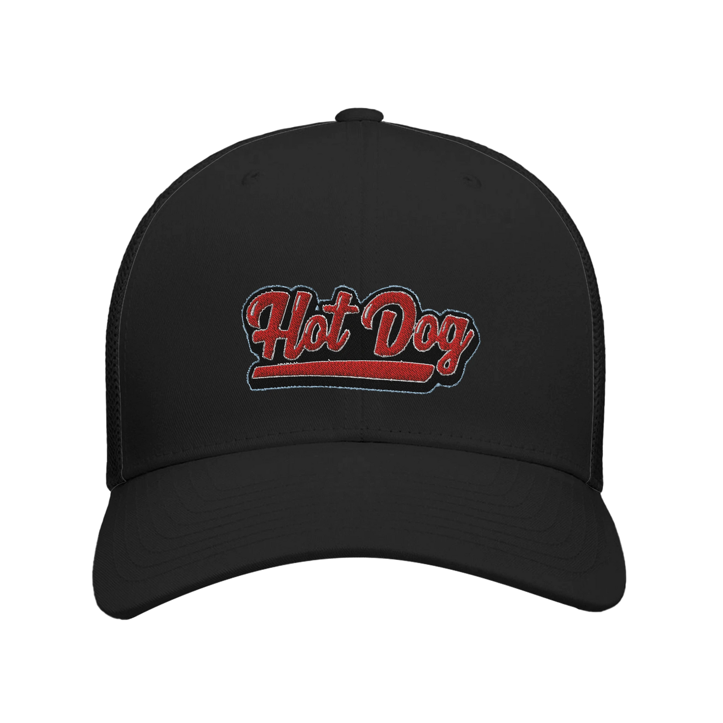 “Hot Dog” Embroidered Retro Trucker Cap black black Alpha BBQ wear BBQ -apparel- BBQ tshirt -BBQ tee