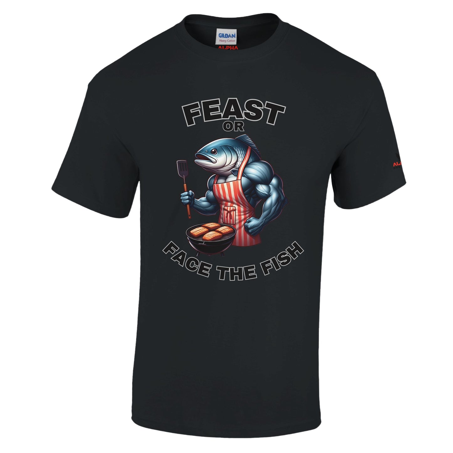 Feast or face the fish Heavyweight Unisex Crewneck T-shirt Black Alpha BBQ wear BBQ -apparel- BBQ tshirt -BBQ tee