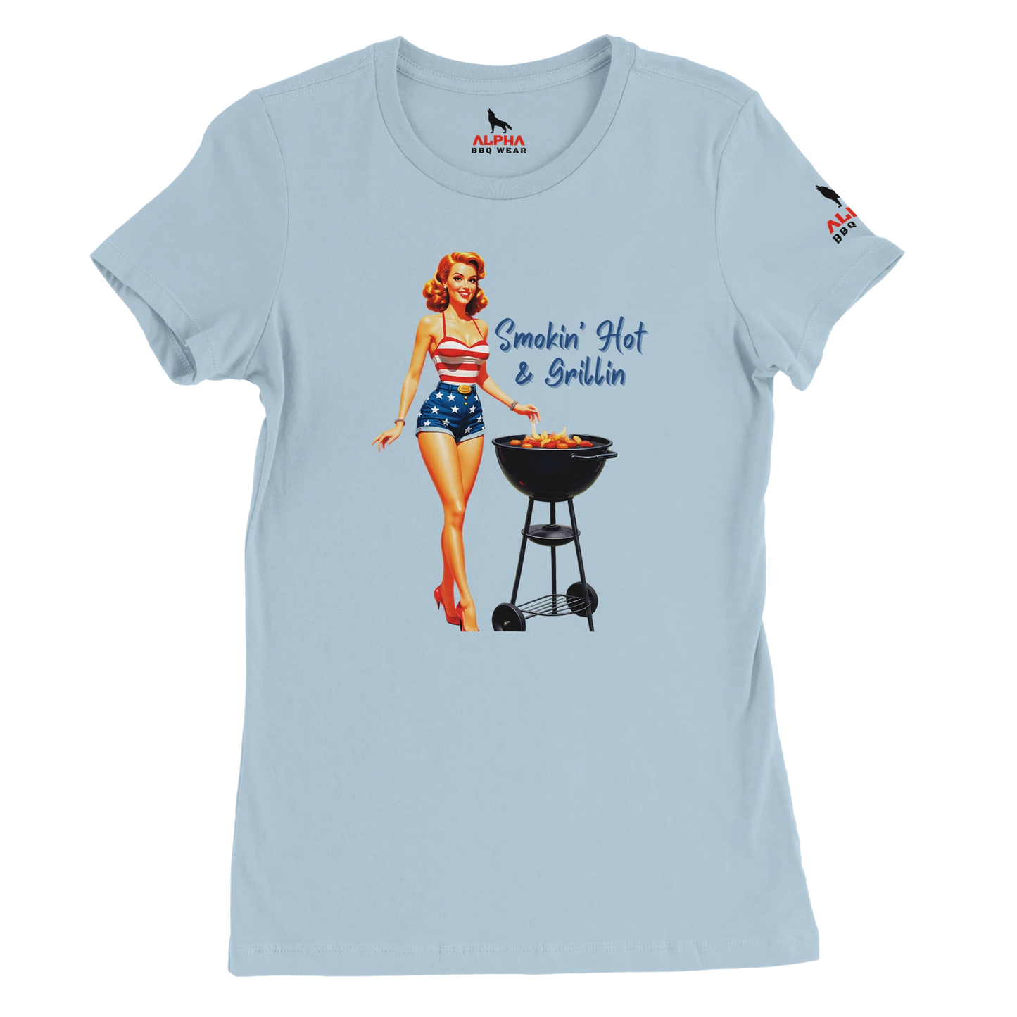 Pinup gril ‘Smokin’ Hot & GrillinPremium Womens Crewneck T-shirt Alpha BBQ wear BBQ -apparel- BBQ tshirt -BBQ tee