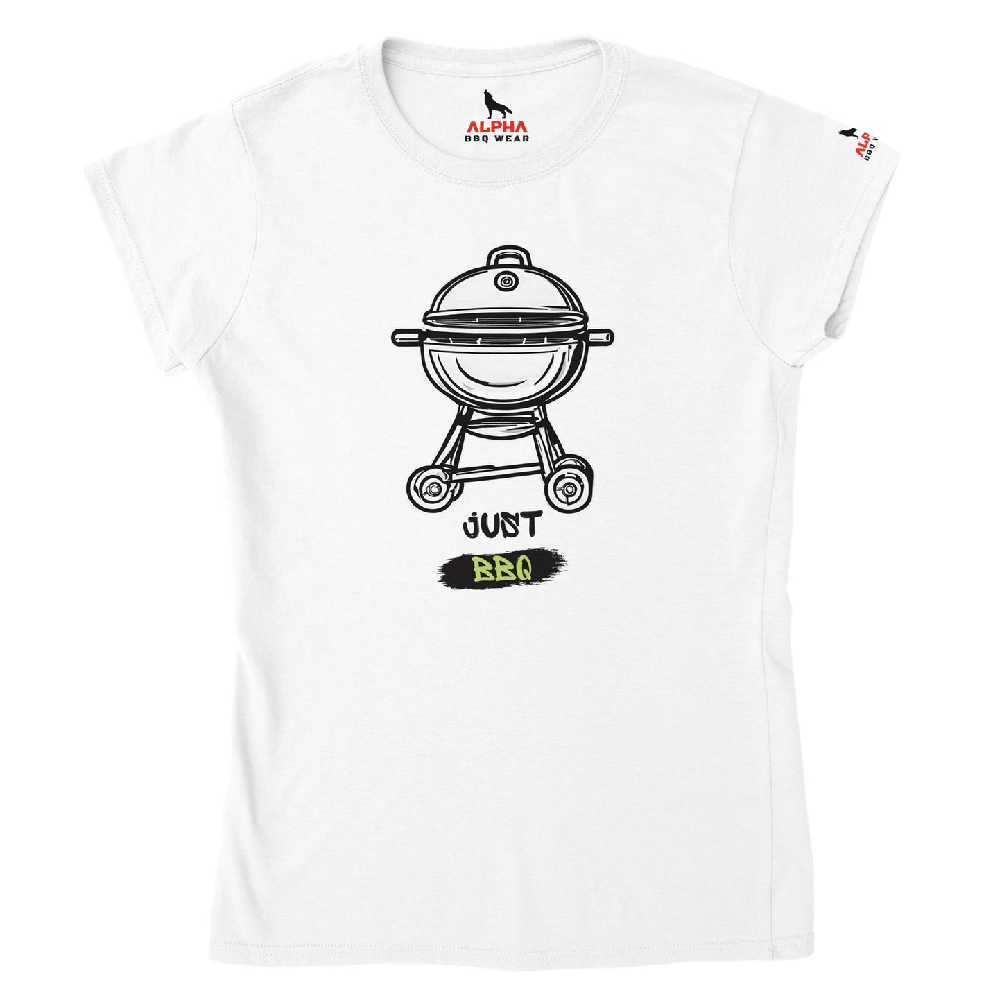 Just BBQ Classic Womens Crewneck T-shirt White Alpha BBQ wear BBQ -apparel- BBQ tshirt -BBQ tee