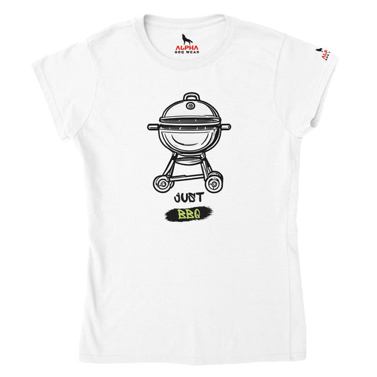 Just BBQ Classic Womens Crewneck T-shirt White Alpha BBQ wear BBQ -apparel- BBQ tshirt -BBQ tee