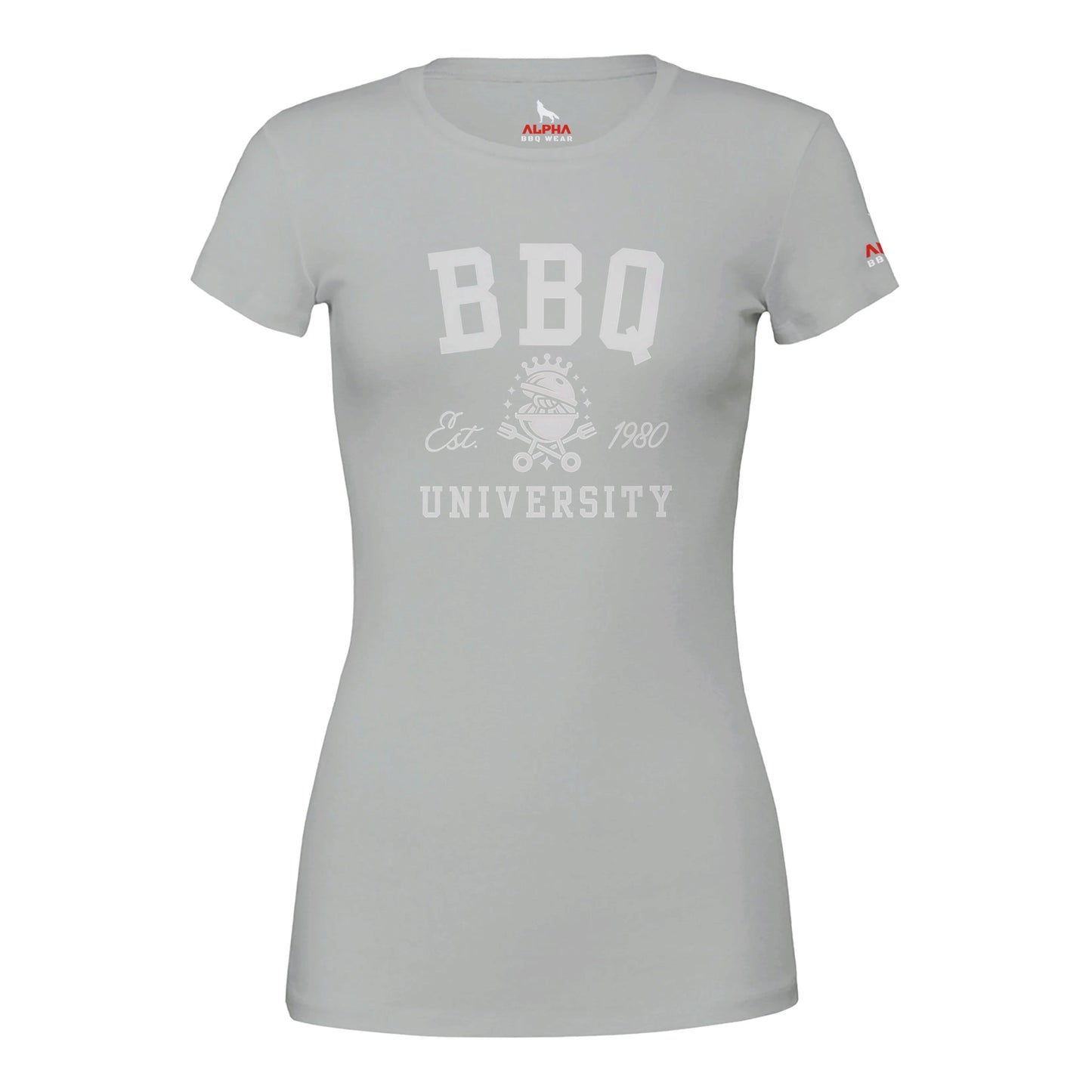 BBQ University T-Shirt Premium Womens Crewneck T-shirt Silver Alpha BBQ wear BBQ -apparel- BBQ tshirt -BBQ tee