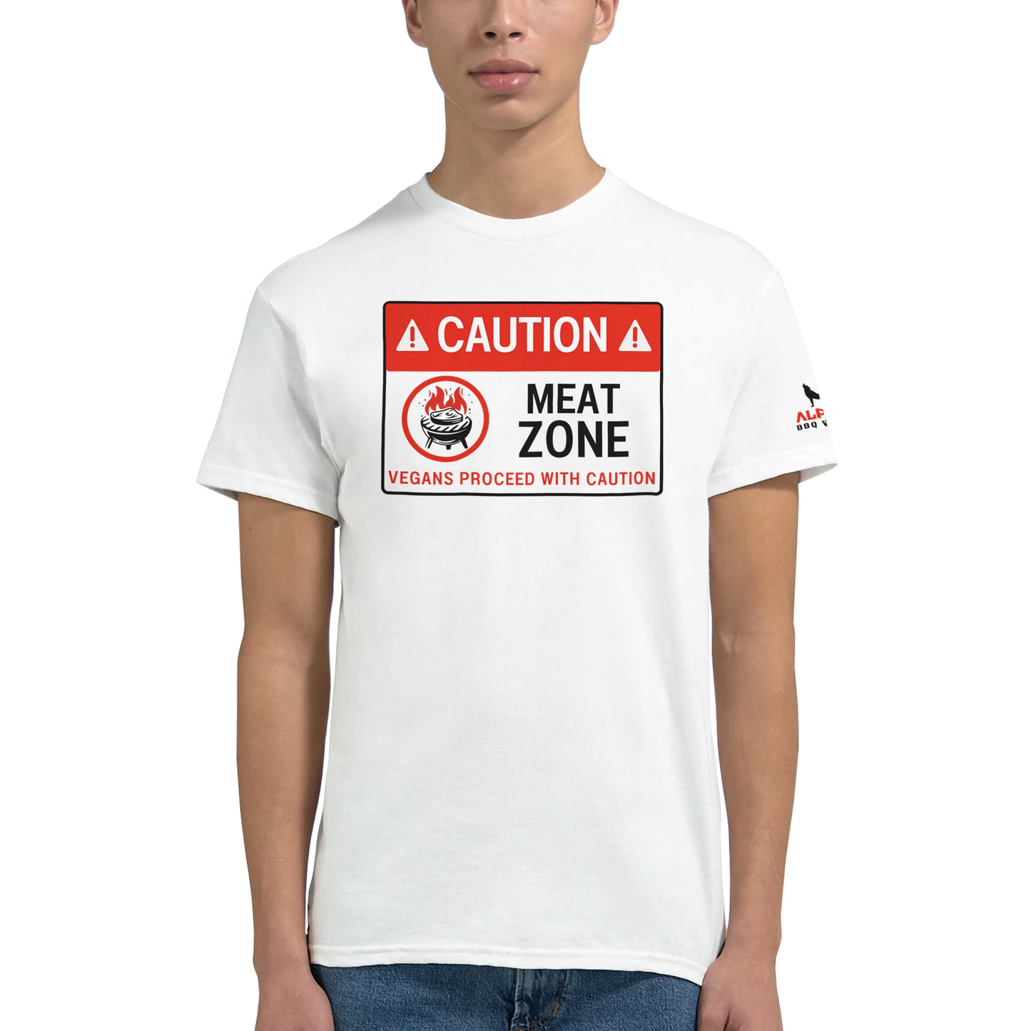 DANGER: Meat Zone – Vegans Proceed with Caution Heavyweight Unisex Crewneck T-shirt Alpha BBQ wear BBQ -apparel- BBQ tshirt -BBQ tee
