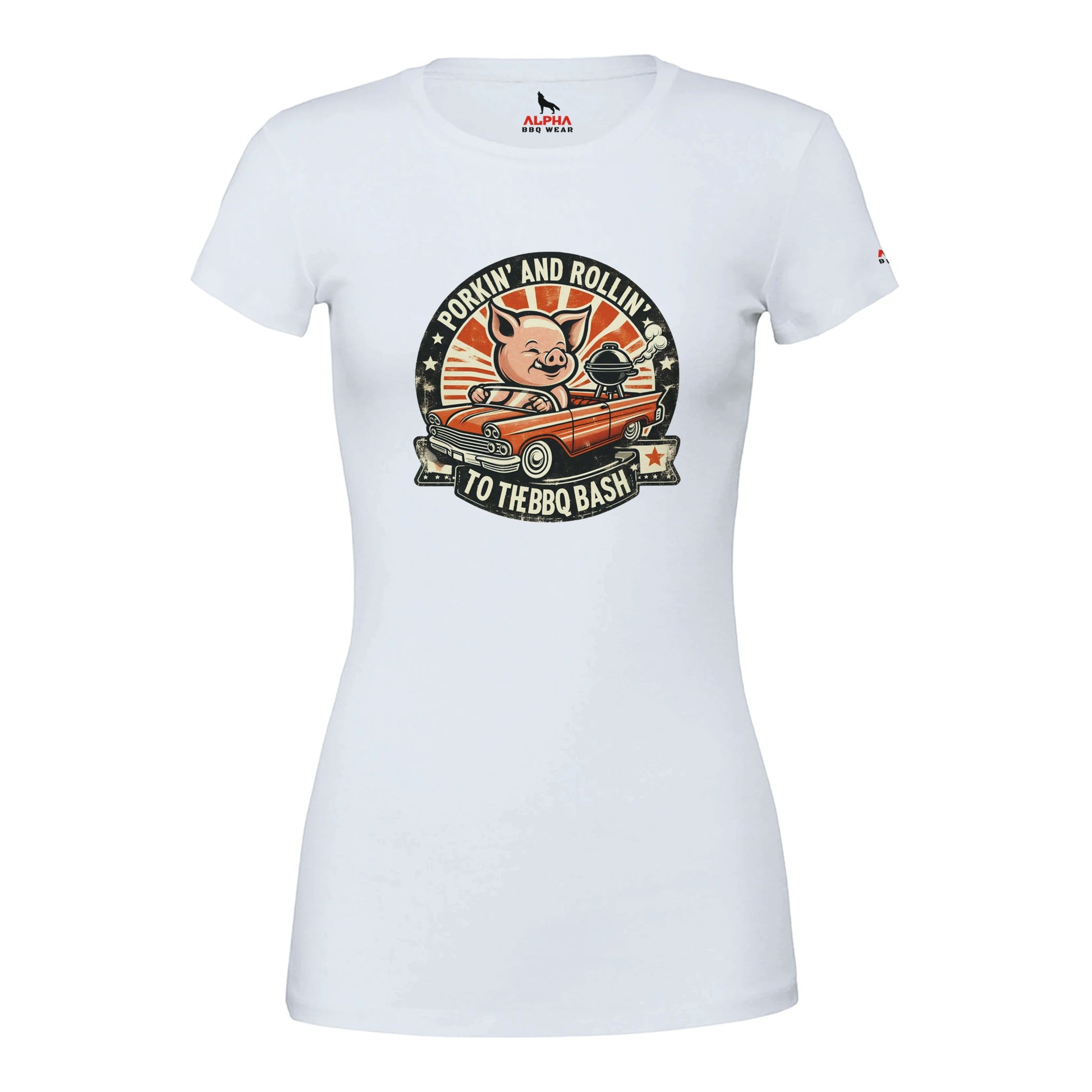 Porking and Rolling to the BBQ Bash Premium Womens Crewneck T-shirt White Alpha BBQ wear BBQ -apparel- BBQ tshirt -BBQ tee