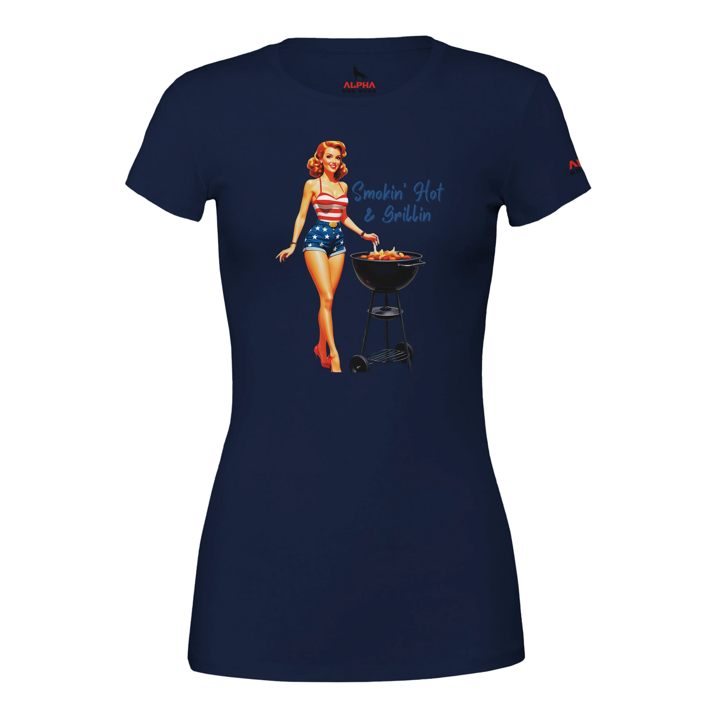 Pinup gril ‘Smokin’ Hot & GrillinPremium Womens Crewneck T-shirt Navy Alpha BBQ wear BBQ -apparel- BBQ tshirt -BBQ tee