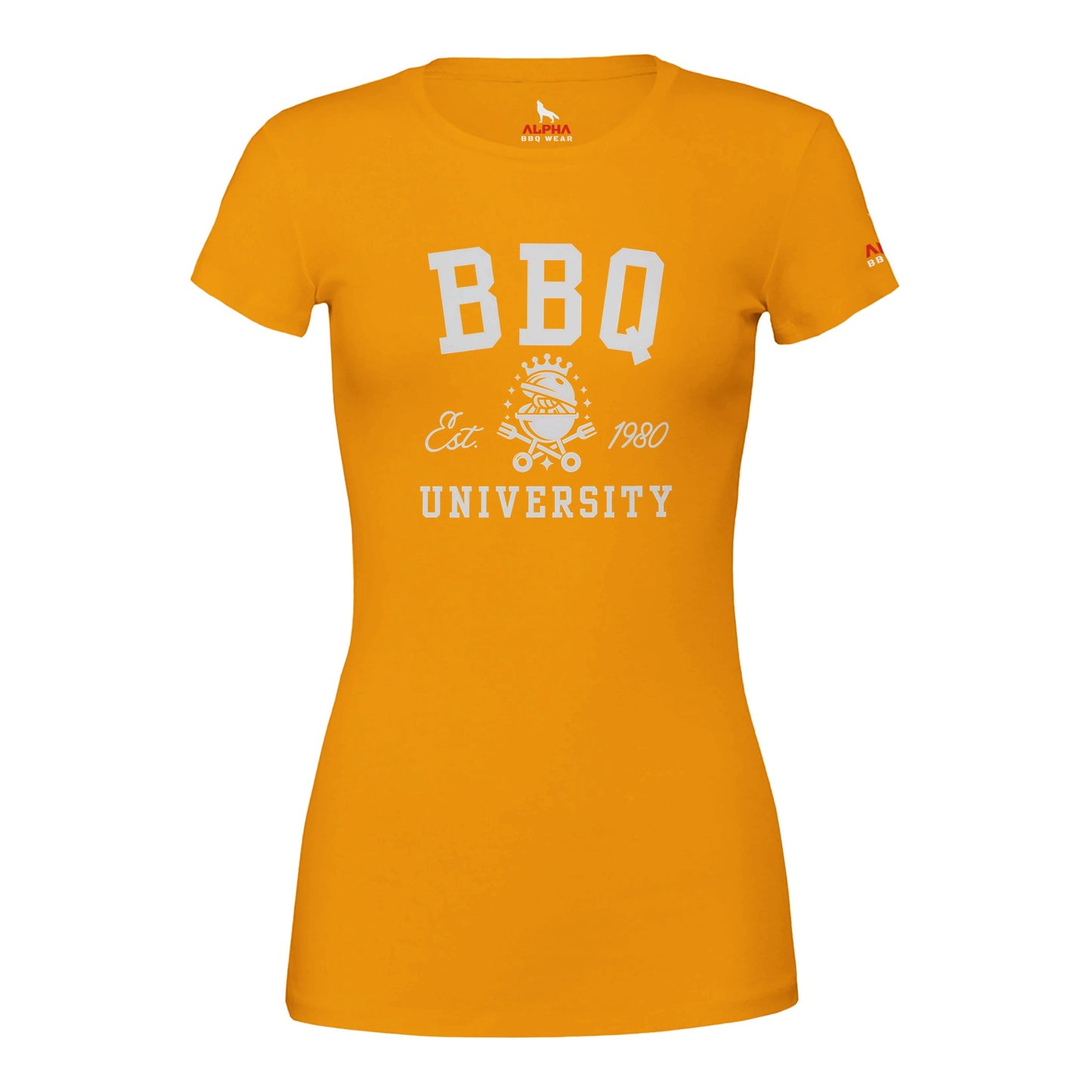 BBQ University T-Shirt Premium Womens Crewneck T-shirt Gold Alpha BBQ wear BBQ -apparel- BBQ tshirt -BBQ tee