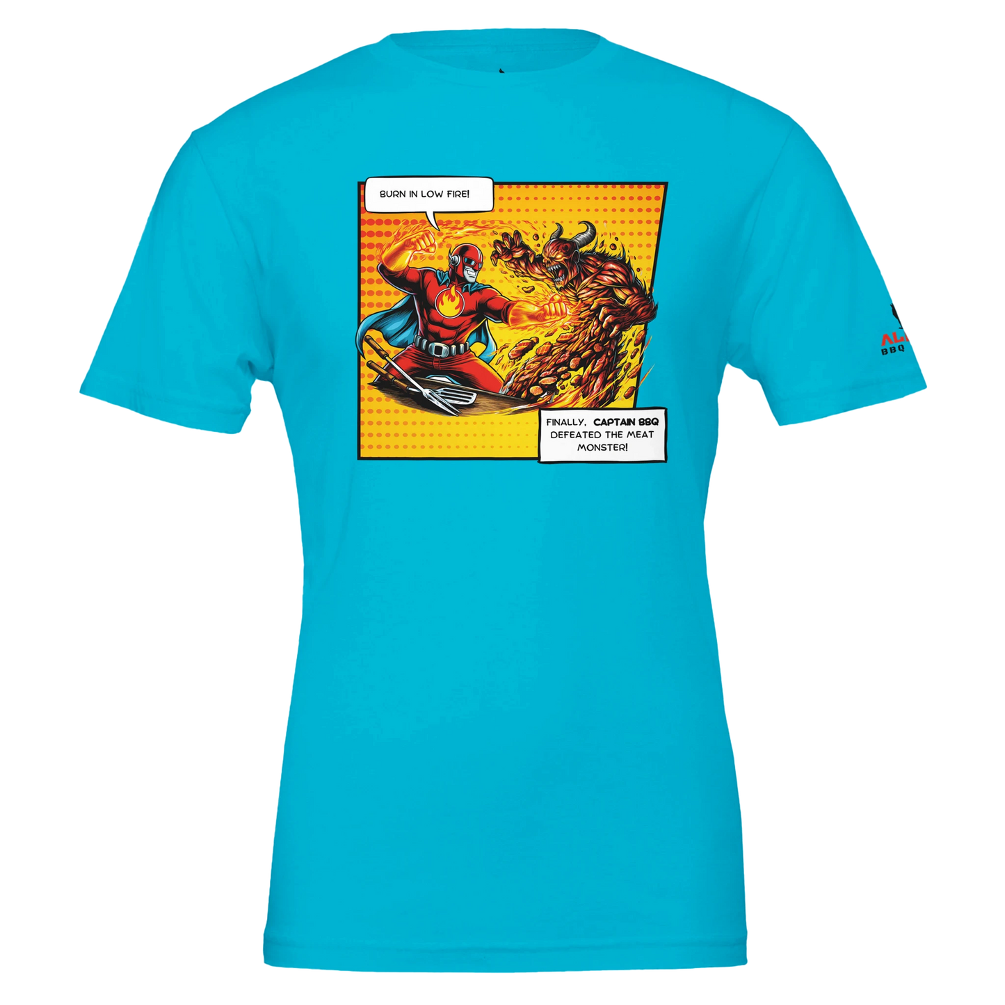 Captain BBQ vs. The Meat Monster – BBQ T-Shirt Premium Unisex Crewneck T-shirt Turquoise Alpha BBQ wear BBQ -apparel- BBQ tshirt -BBQ tee
