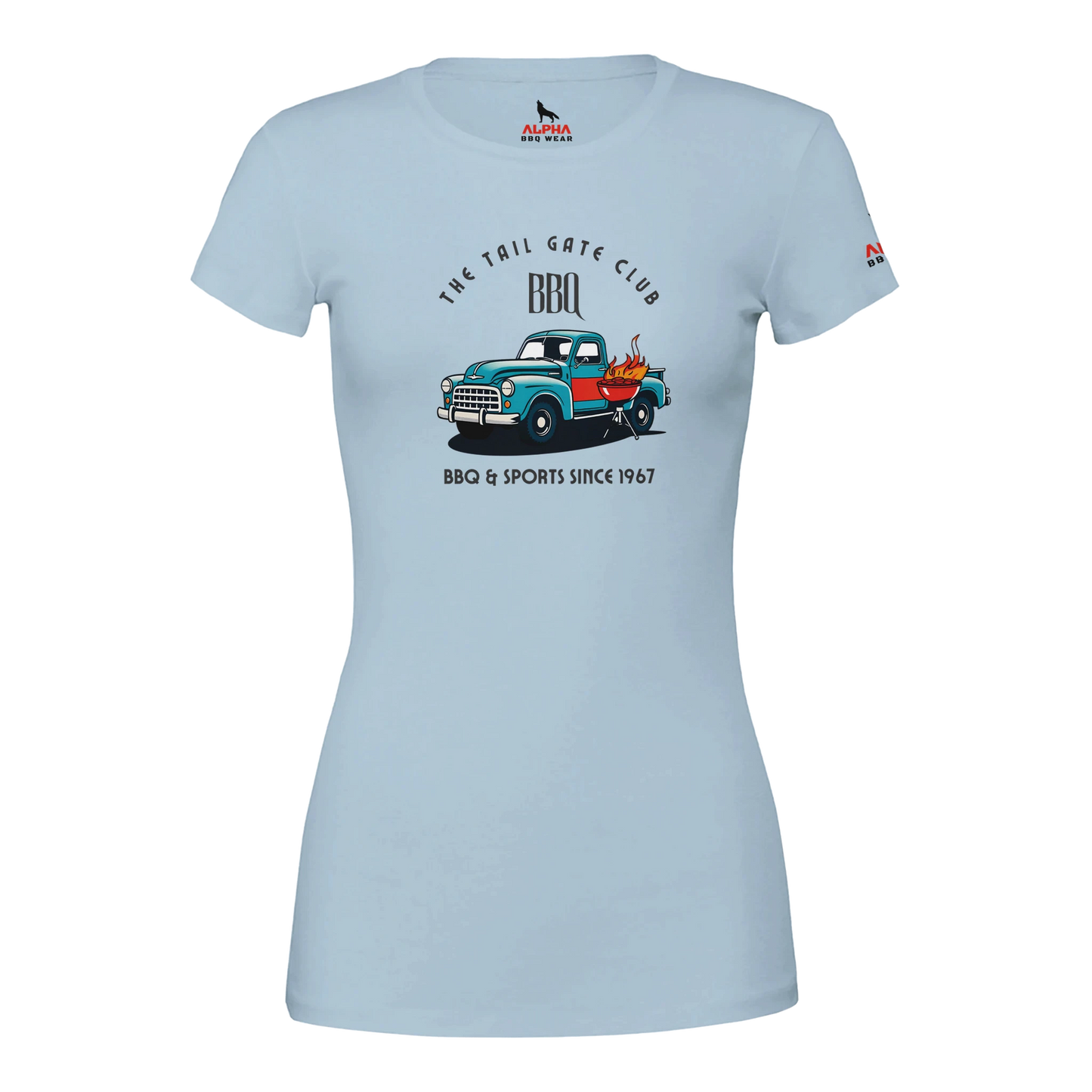 The Tailgate Club BBQ Premium Womens Crewneck T-shirt Baby Blue Alpha BBQ wear BBQ -apparel- BBQ tshirt -BBQ tee
