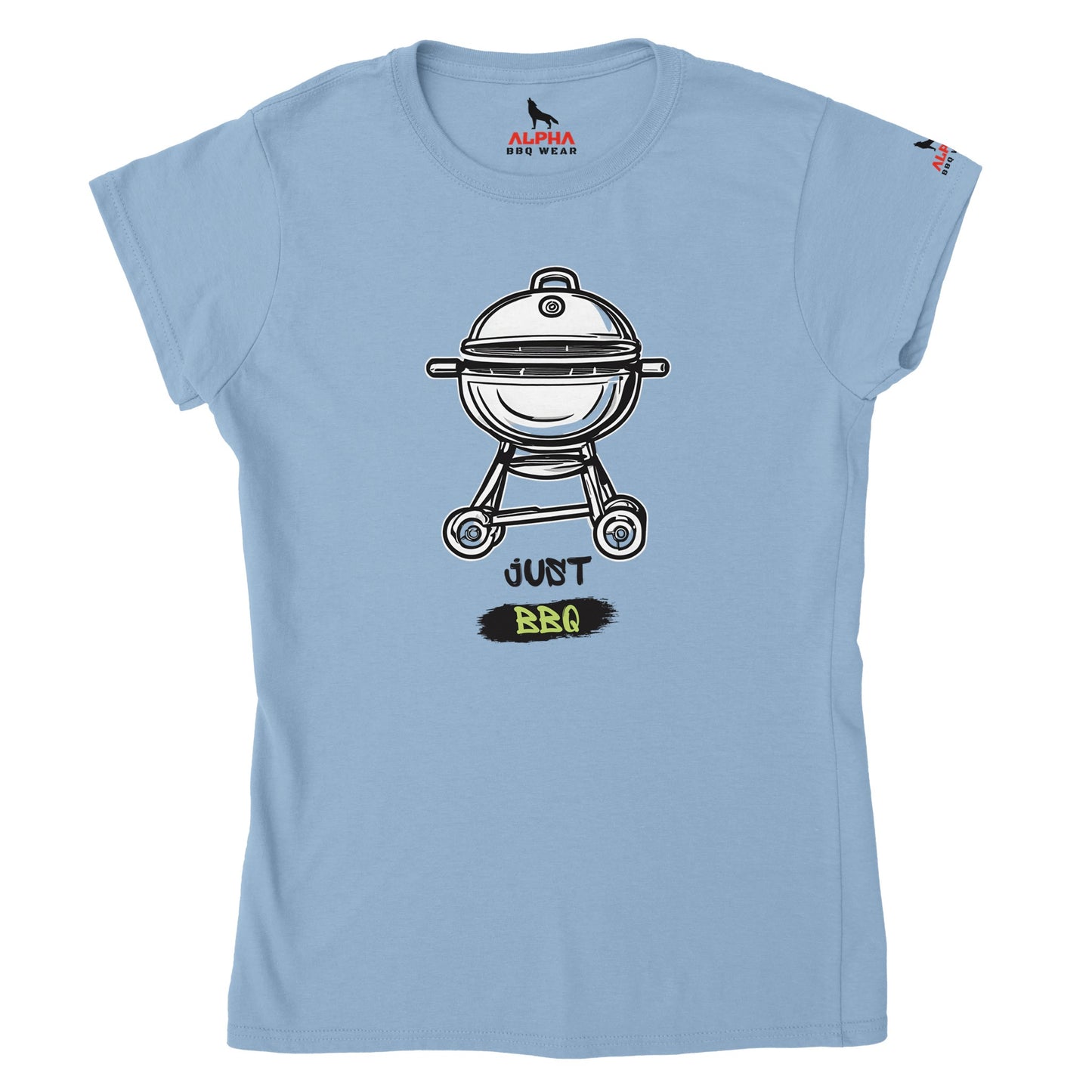 Just BBQ Classic Womens Crewneck T-shirt Light Blue Alpha BBQ wear BBQ -apparel- BBQ tshirt -BBQ tee