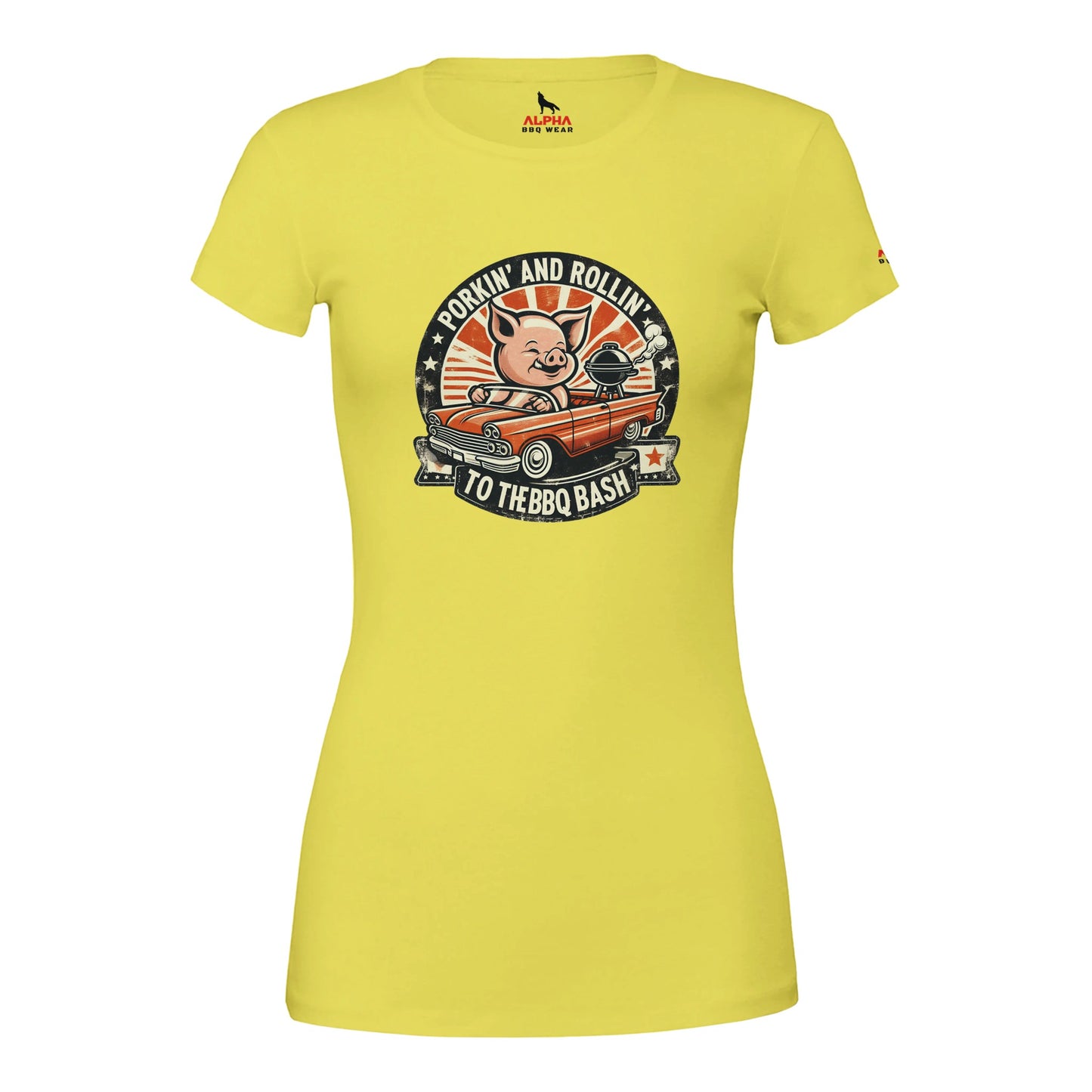Porking and Rolling to the BBQ Bash Premium Womens Crewneck T-shirt Yellow Alpha BBQ wear BBQ -apparel- BBQ tshirt -BBQ tee