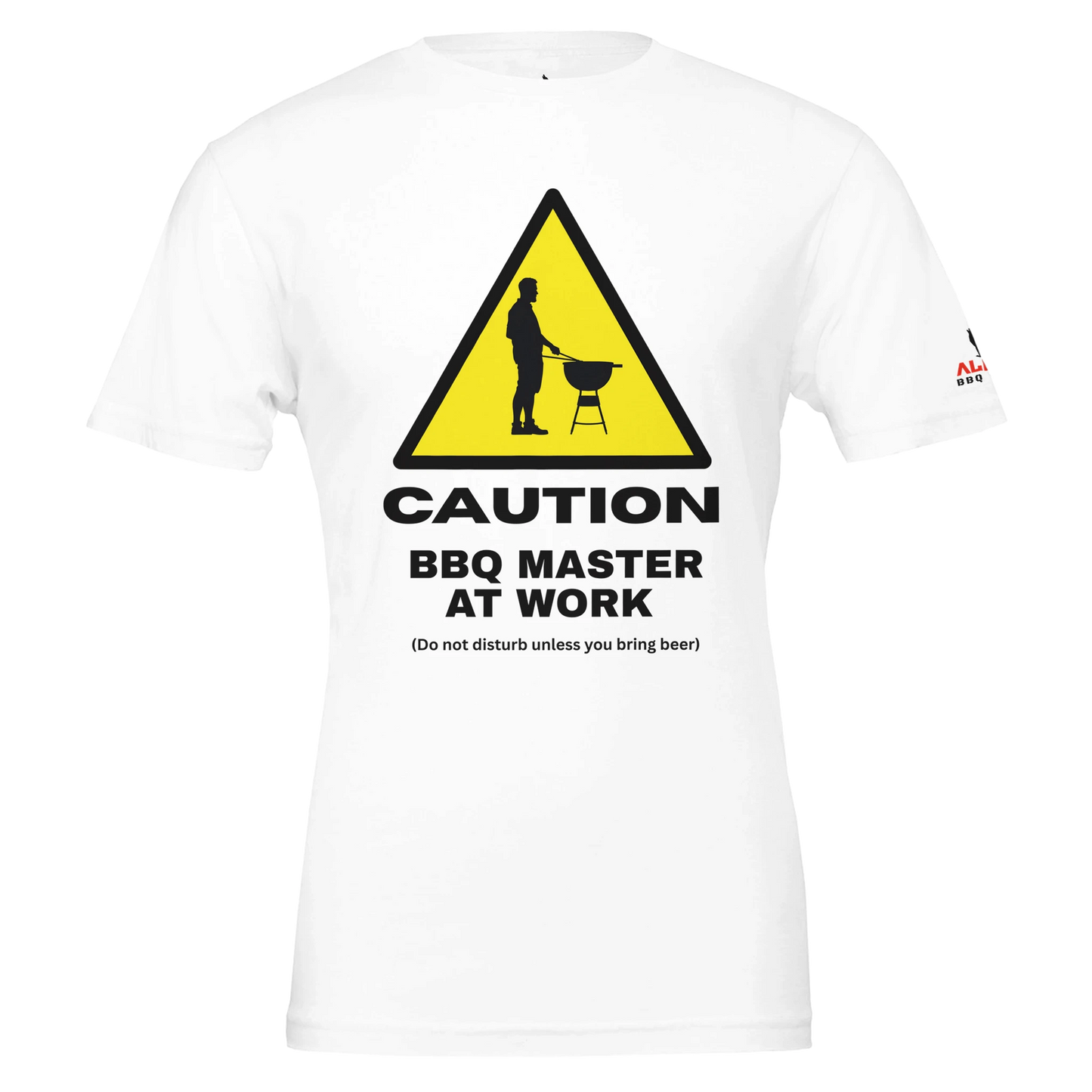 Caution: BBQ Master at Work Premium Unisex Crewneck T-shirt White Alpha BBQ wear BBQ -apparel- BBQ tshirt -BBQ tee