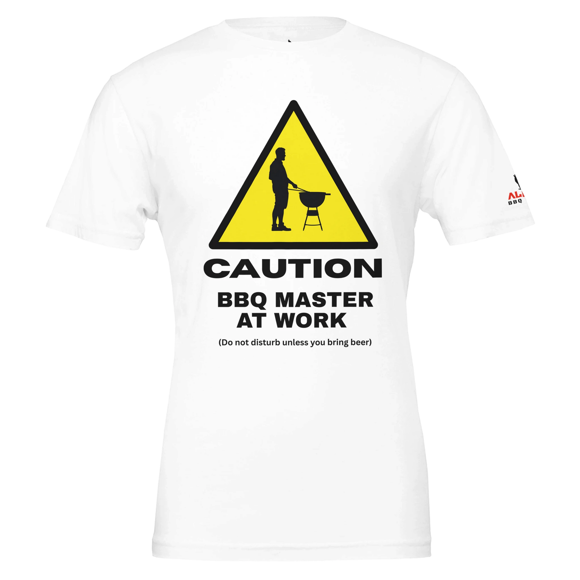 Caution: BBQ Master at Work Premium Unisex Crewneck T-shirt White Alpha BBQ wear BBQ -apparel- BBQ tshirt -BBQ tee