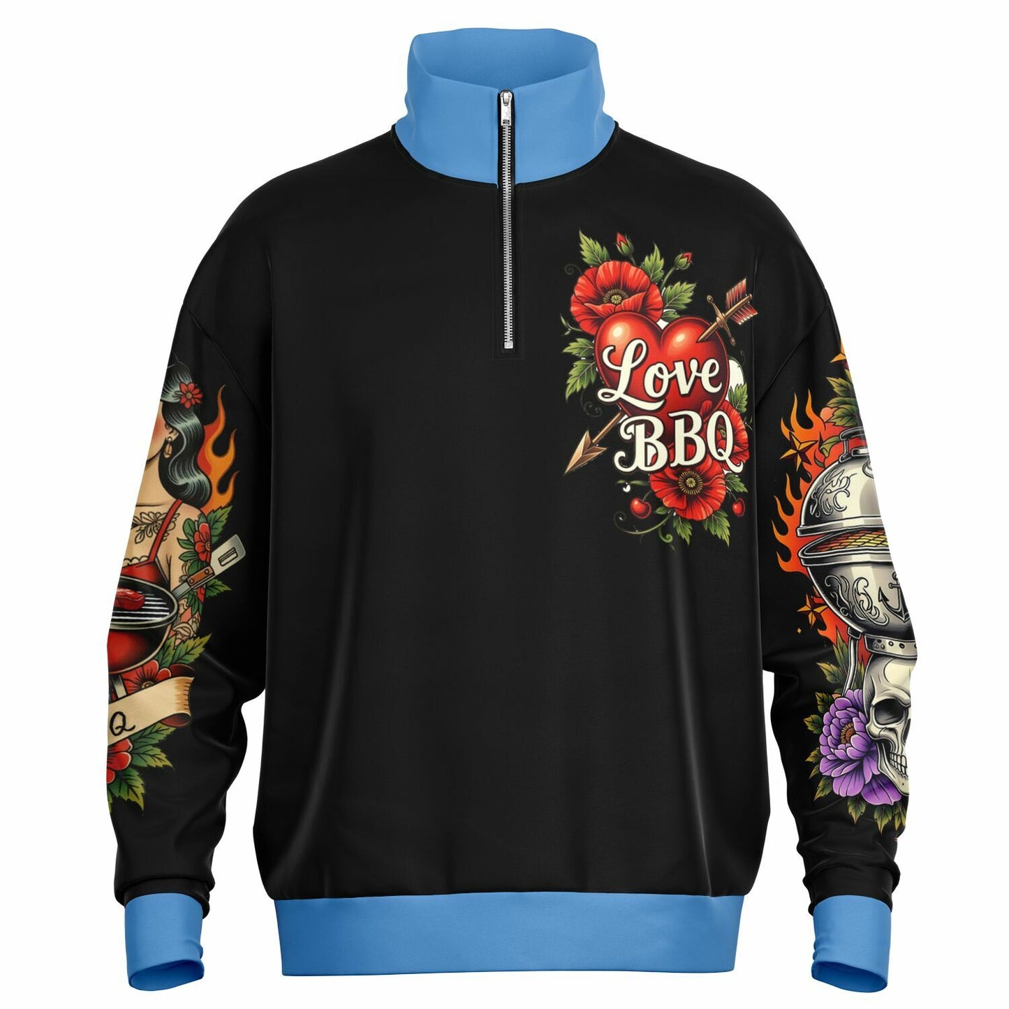LOVE BBQ – Vintage Ink, Grill Heat Heavyweight Oversized Quarter Zip Sweatshirt - AOP