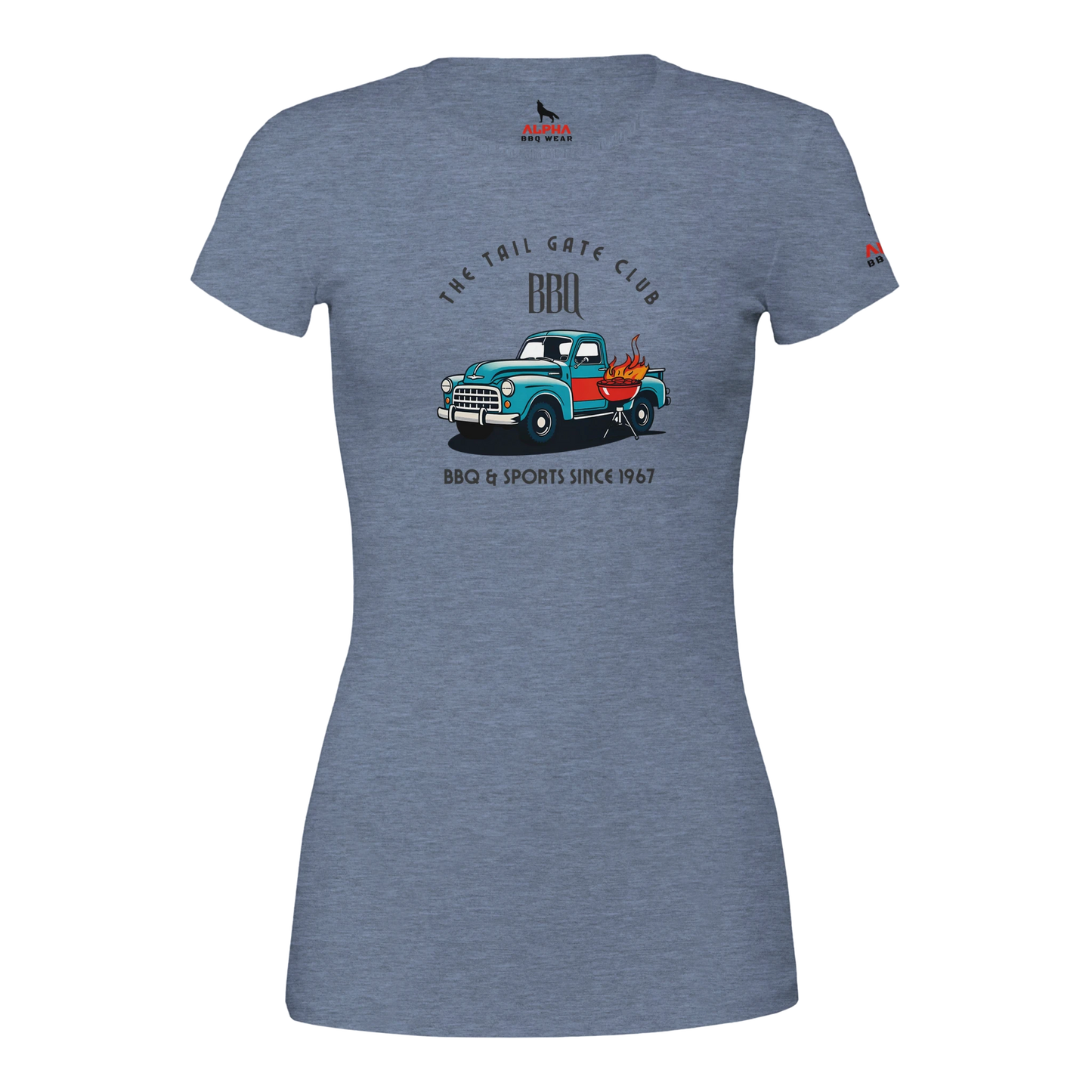 The Tailgate Club BBQ Premium Womens Crewneck T-shirt Heather Blue Alpha BBQ wear BBQ -apparel- BBQ tshirt -BBQ tee