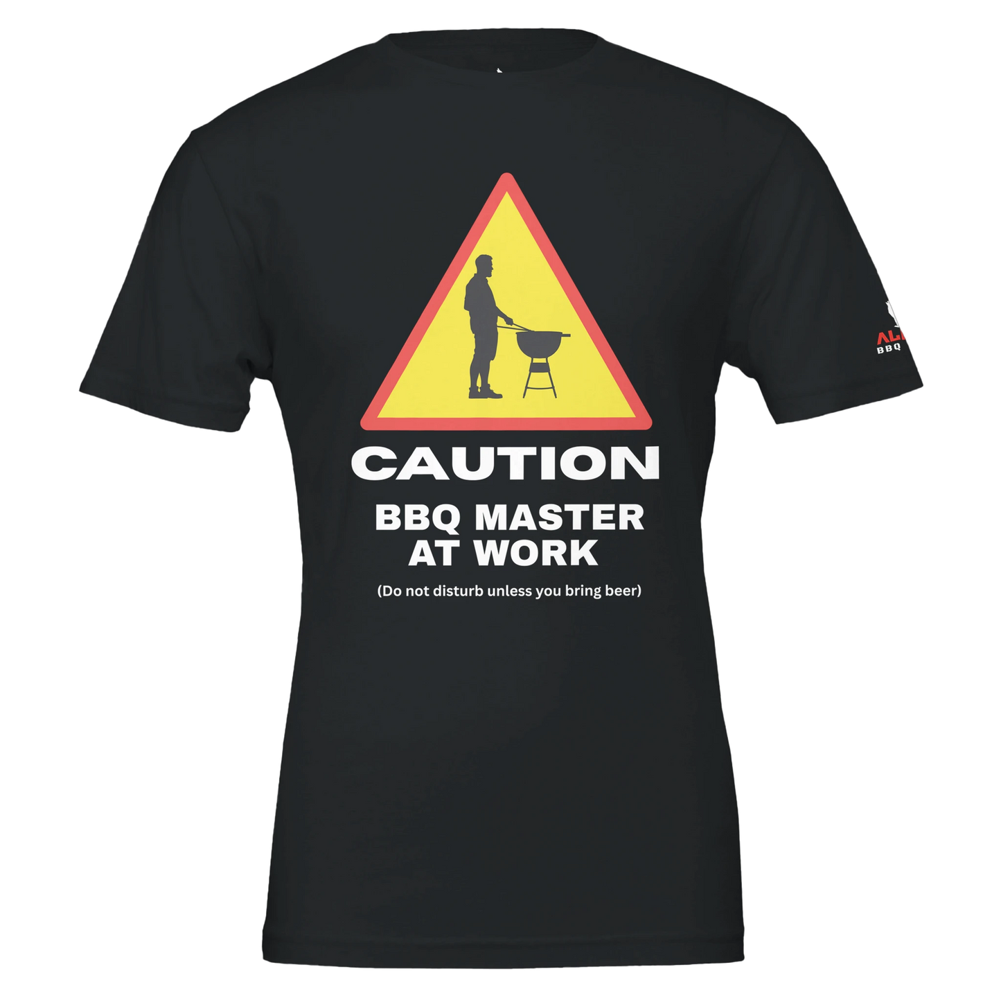 Caution: BBQ Master at Work Premium Unisex Crewneck T-shirt Black Alpha BBQ wear BBQ -apparel- BBQ tshirt -BBQ tee