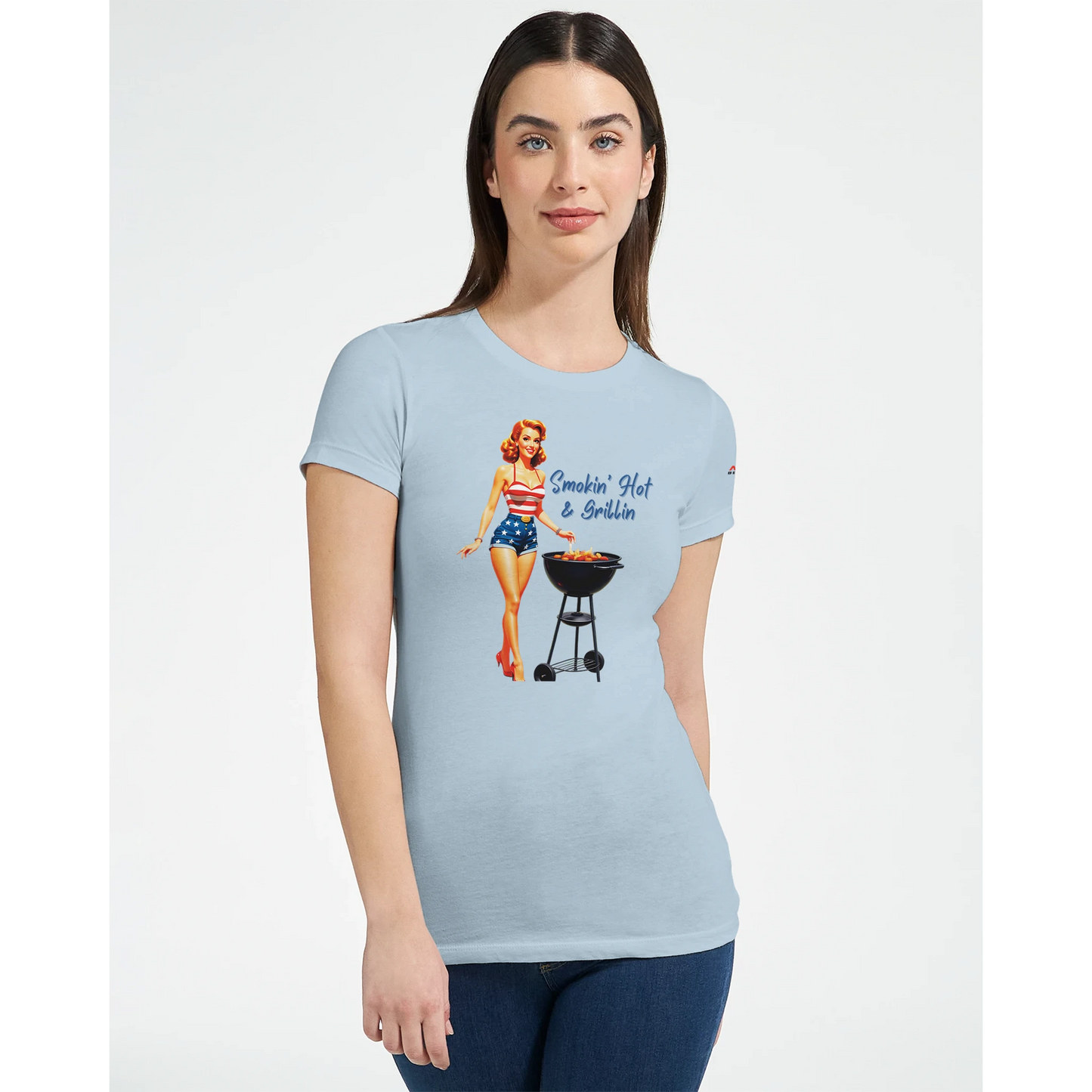 Pinup gril ‘Smokin’ Hot & GrillinPremium Womens Crewneck T-shirt Alpha BBQ wear BBQ -apparel- BBQ tshirt -BBQ tee