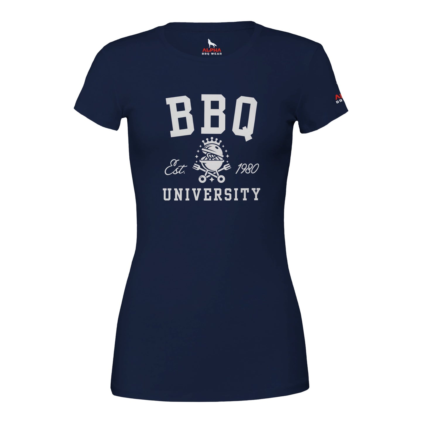 BBQ University T-Shirt Premium Womens Crewneck T-shirt Navy Alpha BBQ wear BBQ -apparel- BBQ tshirt -BBQ tee