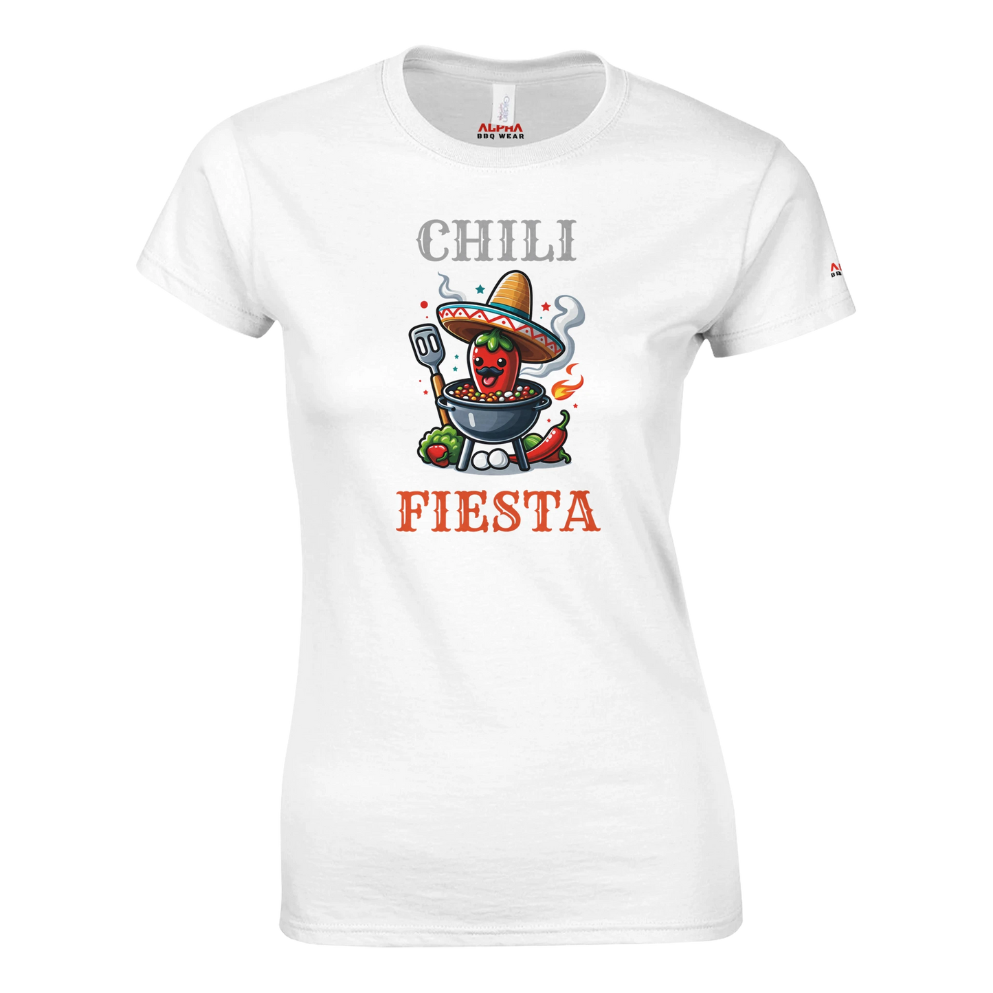 Chili fiesta Classic Womens Crewneck T-shirt White Alpha BBQ wear BBQ -apparel- BBQ tshirt -BBQ tee