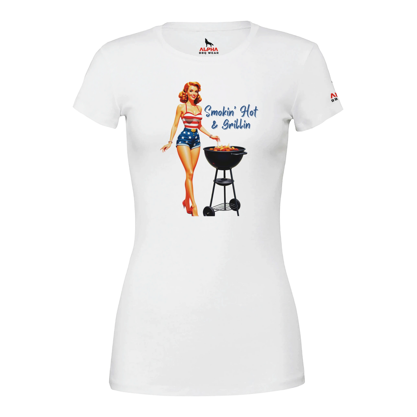 Pinup gril ‘Smokin’ Hot & GrillinPremium Womens Crewneck T-shirt White Alpha BBQ wear BBQ -apparel- BBQ tshirt -BBQ tee