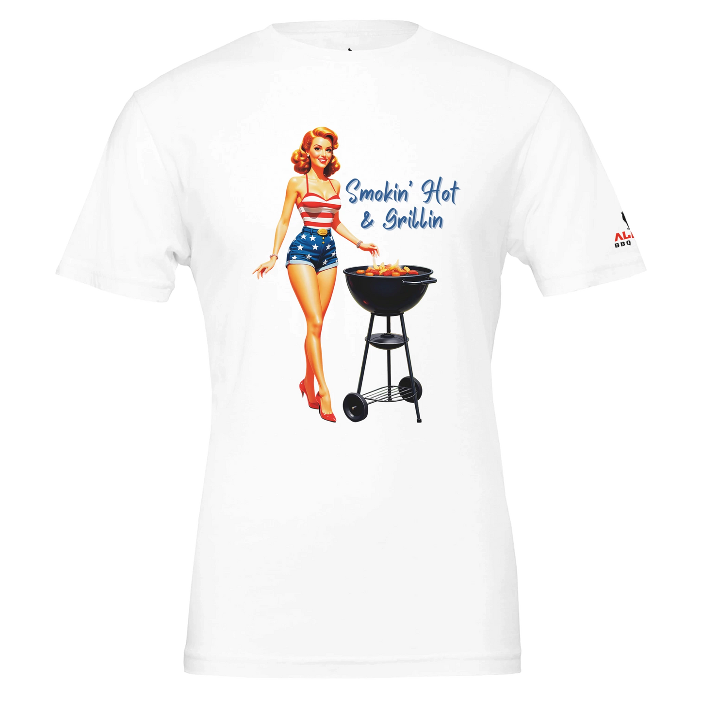 Pinup girl ‘Smokin’ Hot & Grillin’ T-shirt! Premium Unisex Crewneck T-shirt | White Alpha BBQ wear BBQ -apparel- BBQ tshirt -BBQ tee