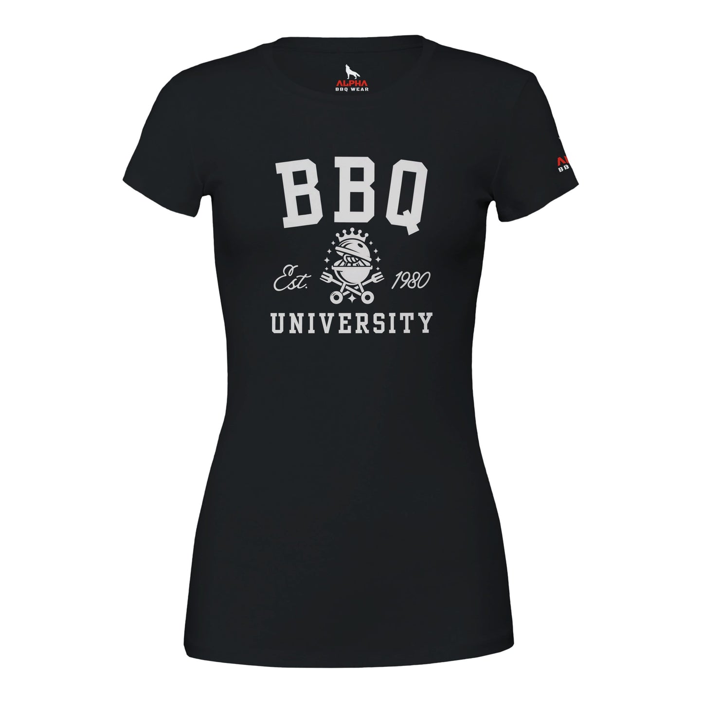 BBQ University T-Shirt Premium Womens Crewneck T-shirt Black Alpha BBQ wear BBQ -apparel- BBQ tshirt -BBQ tee