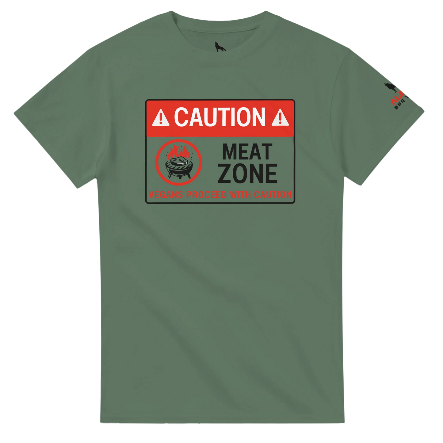 DANGER: Meat Zone – Vegans Proceed with Caution Heavyweight Unisex Crewneck T-shirt Military Green Alpha BBQ wear BBQ -apparel- BBQ tshirt -BBQ tee