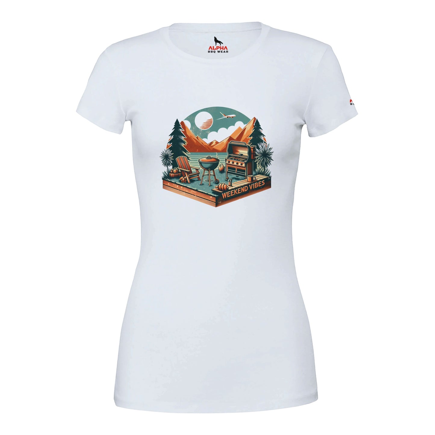 Weekend Vibes Premium Womens Crewneck T-shirt White Alpha BBQ wear BBQ -apparel- BBQ tshirt -BBQ tee