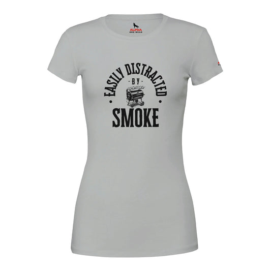 Easily Distracted by Smoke Premium Womens Crewneck T-shirt Silver Alpha BBQ wear BBQ -apparel- BBQ tshirt -BBQ tee