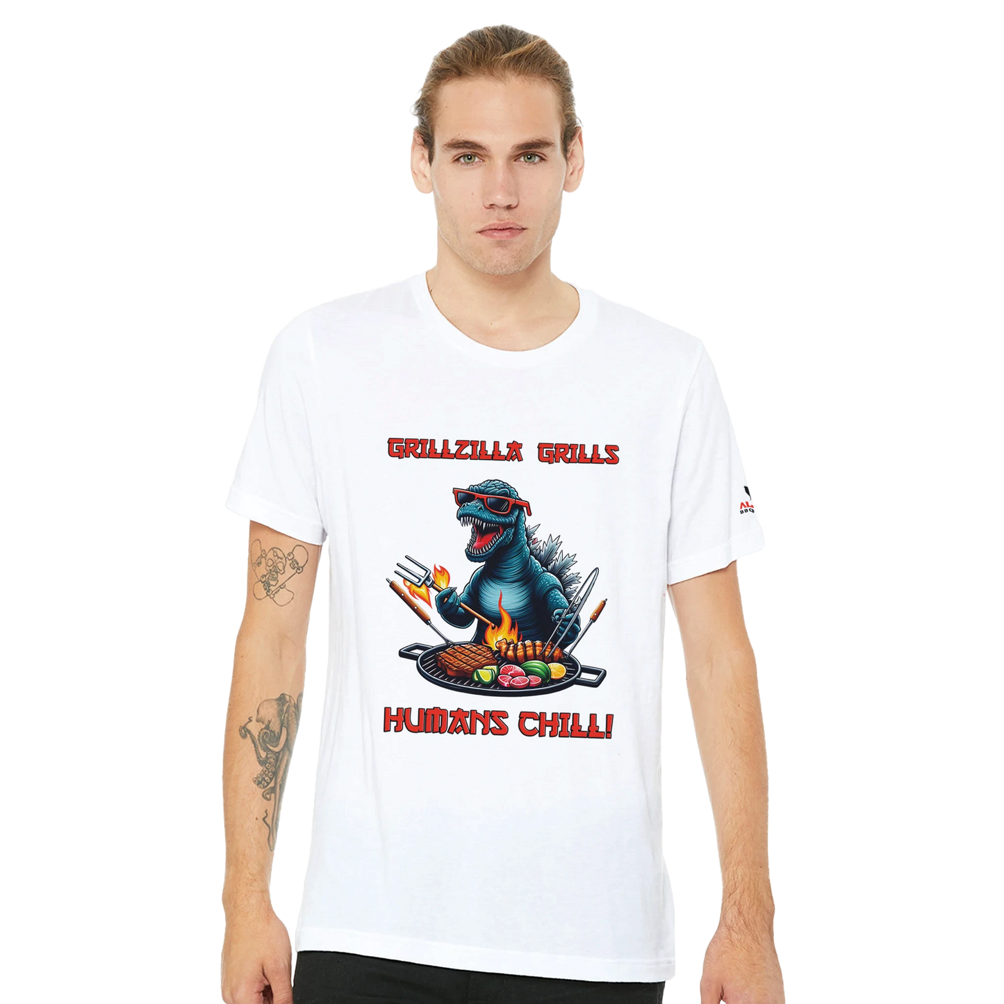 Grillzila grills, humans chill! Premium Unisex Crewneck T-shirt | Alpha BBQ wear BBQ -apparel- BBQ tshirt -BBQ tee