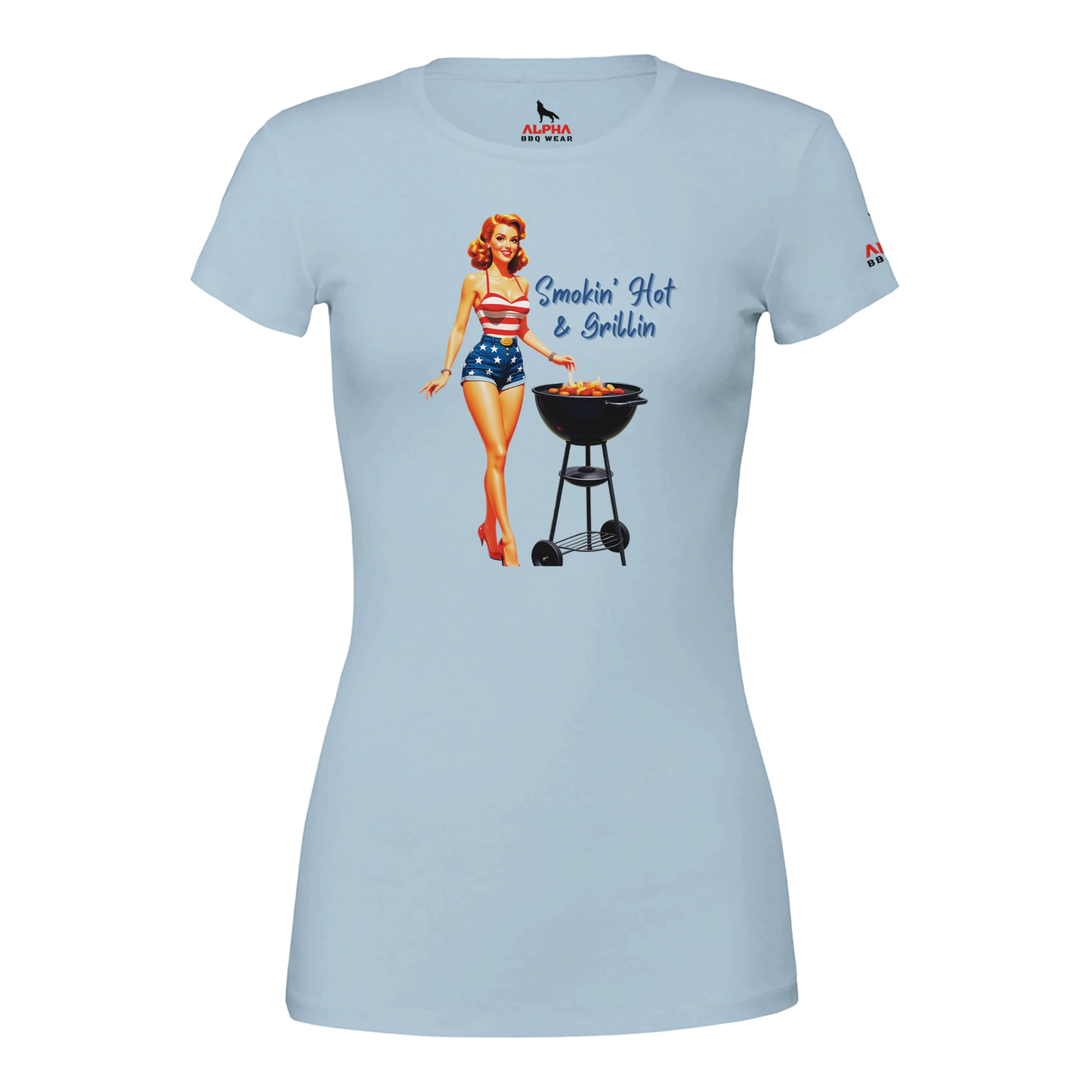 Pinup gril ‘Smokin’ Hot & GrillinPremium Womens Crewneck T-shirt Baby Blue Alpha BBQ wear BBQ -apparel- BBQ tshirt -BBQ tee
