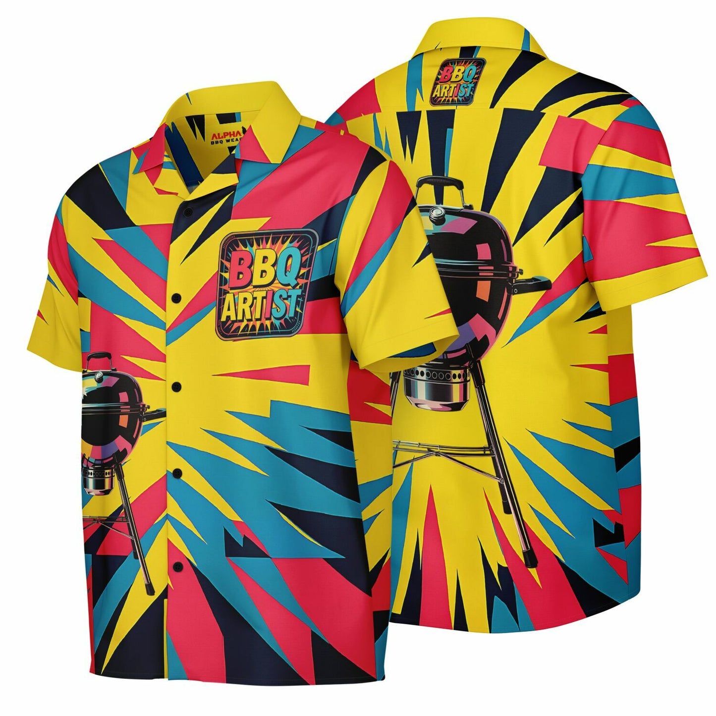 Colorful shirt with geometric patterns and BBQ Artist logo on a white background