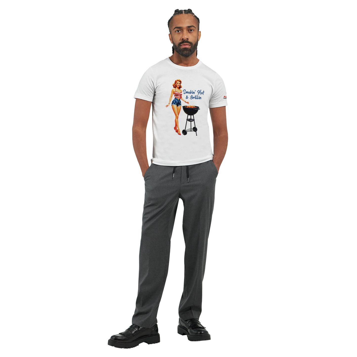 Pinup girl ‘Smokin’ Hot & Grillin’ T-shirt! Premium Unisex Crewneck T-shirt | Alpha BBQ wear BBQ -apparel- BBQ tshirt -BBQ tee