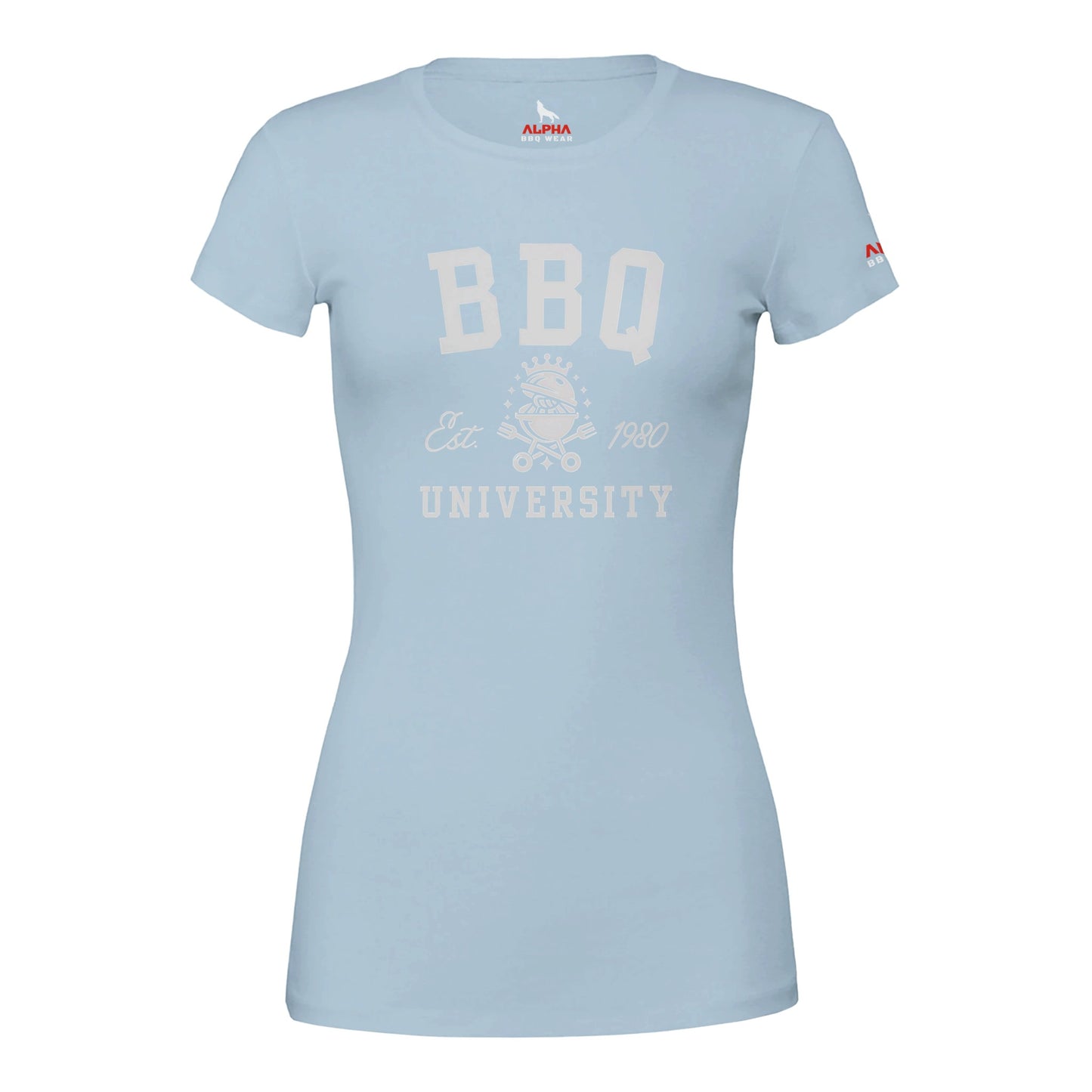 BBQ University T-Shirt Premium Womens Crewneck T-shirt Baby Blue Alpha BBQ wear BBQ -apparel- BBQ tshirt -BBQ tee