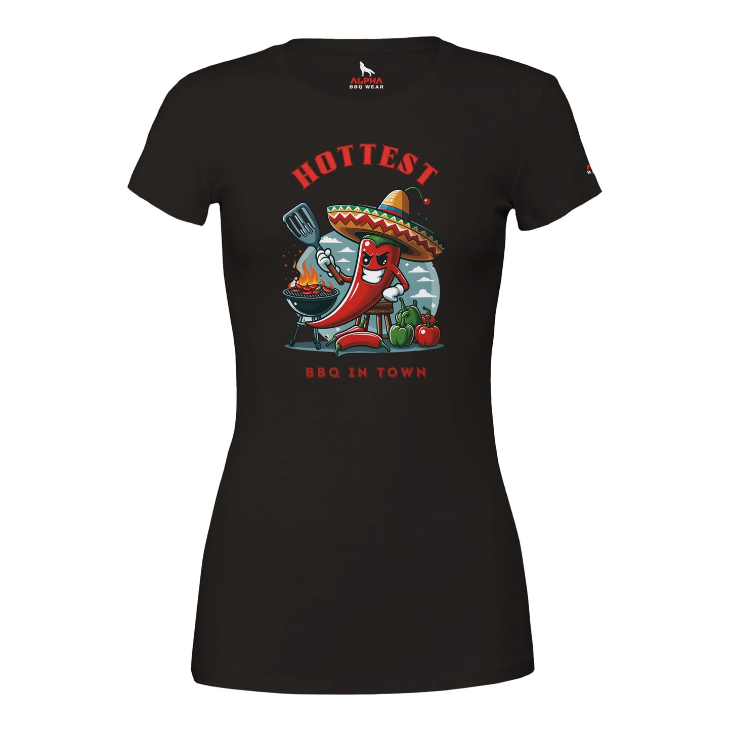 Hottest BBQ in Town Premium Womens Crewneck T-shirt Black Alpha BBQ wear BBQ -apparel- BBQ tshirt -BBQ tee