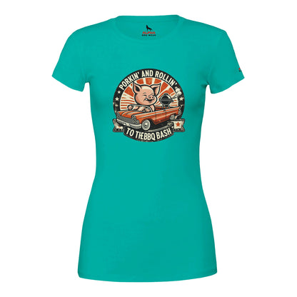 Porking and Rolling to the BBQ Bash Premium Womens Crewneck T-shirt Teal Alpha BBQ wear BBQ -apparel- BBQ tshirt -BBQ tee