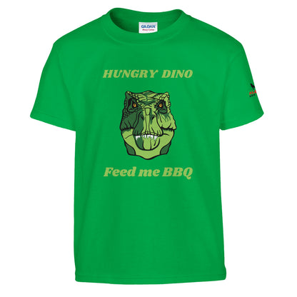 Hungry Dino Classic Kids Crewneck T-shirt Irish Green Alpha BBQ wear BBQ -apparel- BBQ tshirt -BBQ tee