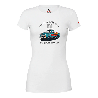 The Tailgate Club BBQ Premium Womens Crewneck T-shirt White Alpha BBQ wear BBQ -apparel- BBQ tshirt -BBQ tee