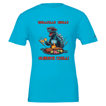 Grillzila grills, humans chill! Premium Unisex Crewneck T-shirt | Turquoise Alpha BBQ wear BBQ -apparel- BBQ tshirt -BBQ tee